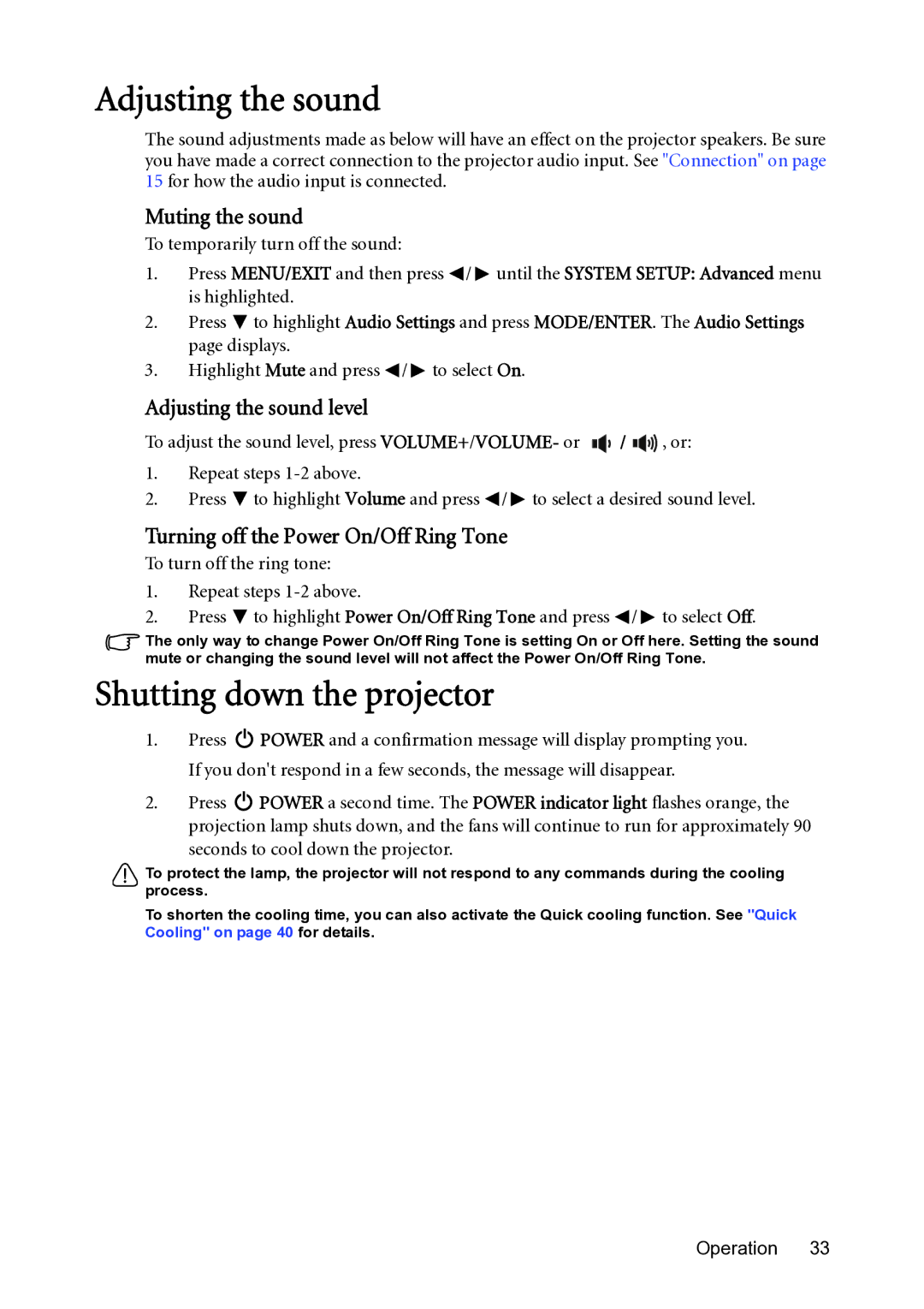 BenQ MX501-V, MS500-V user manual Shutting down the projector, Muting the sound, Adjusting the sound level 