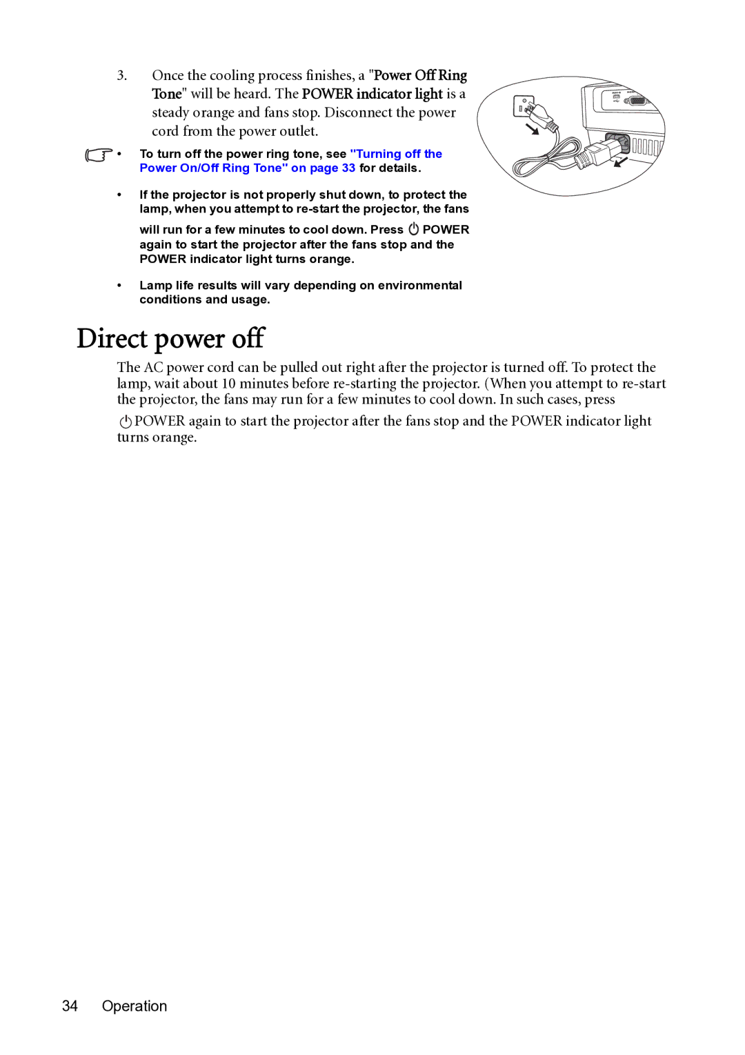 BenQ MX501-V, MS500-V user manual Direct power off, Once the cooling process finishes, a Power Off Ring 