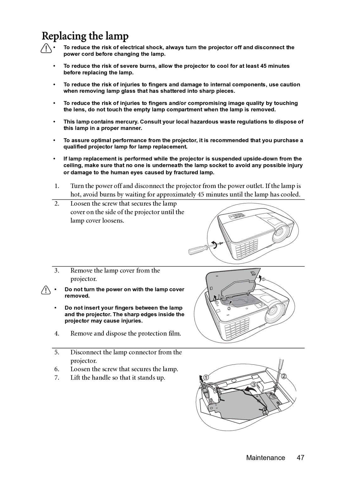 BenQ MS500-V, MX501-V user manual Replacing the lamp 