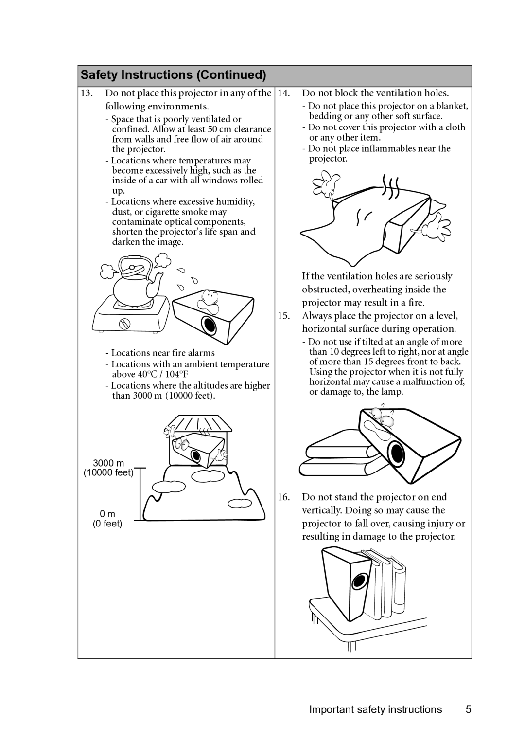 BenQ MX501 Confined. Allow at least 50 cm clearance, If the ventilation holes are seriously, Locations near fire alarms 