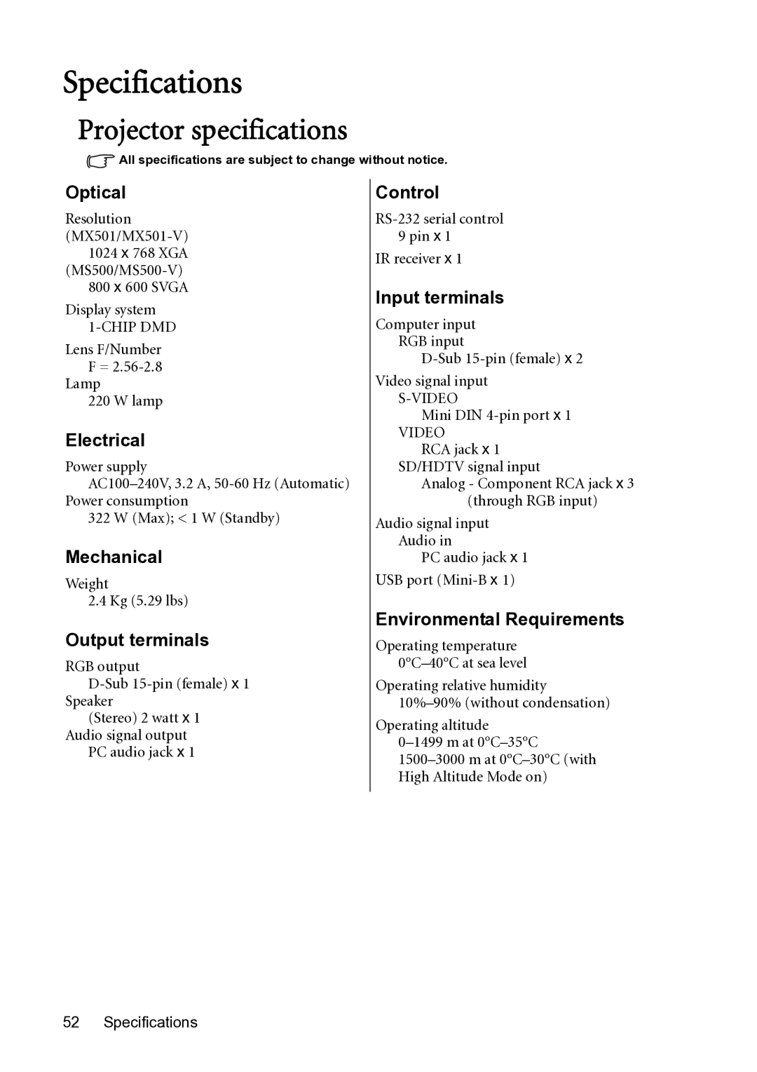 BenQ MX501-V, MS500-V user manual Specifications, Projector specifications 