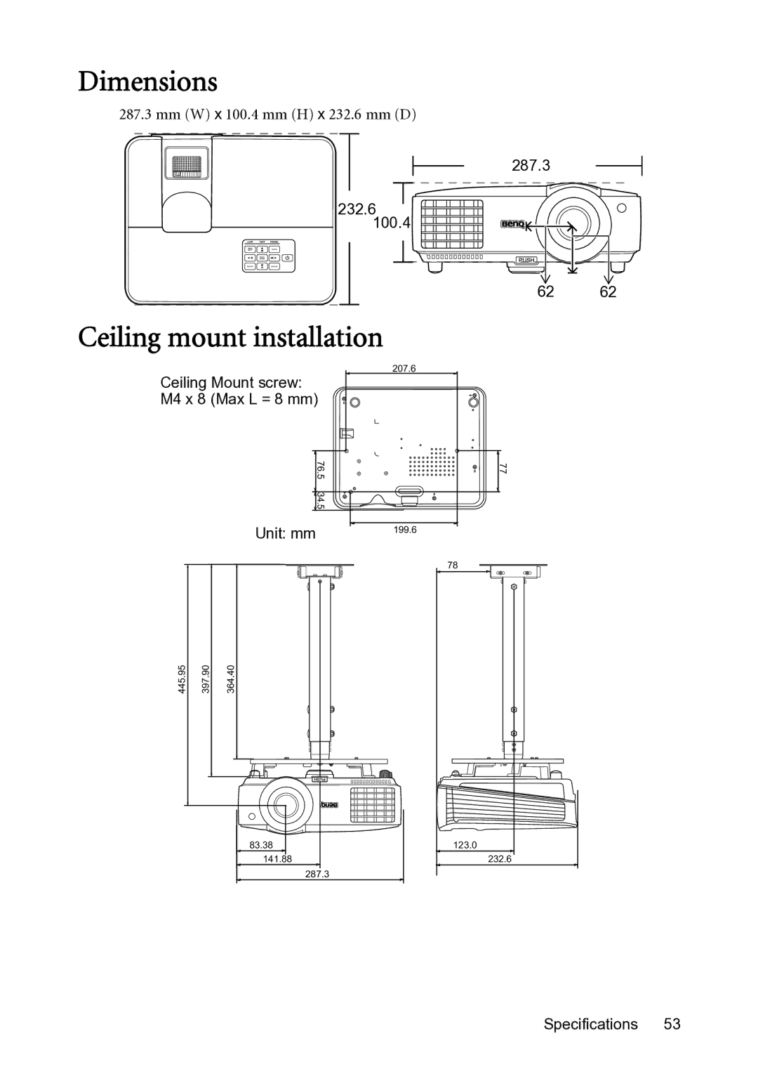 BenQ MX501-V, MS500-V user manual Dimensions, Ceiling mount installation 