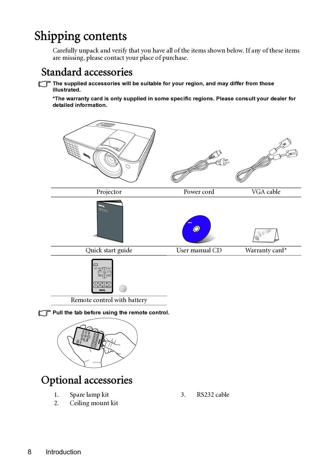 BenQ MX501-V, MS500-V user manual Shipping contents 