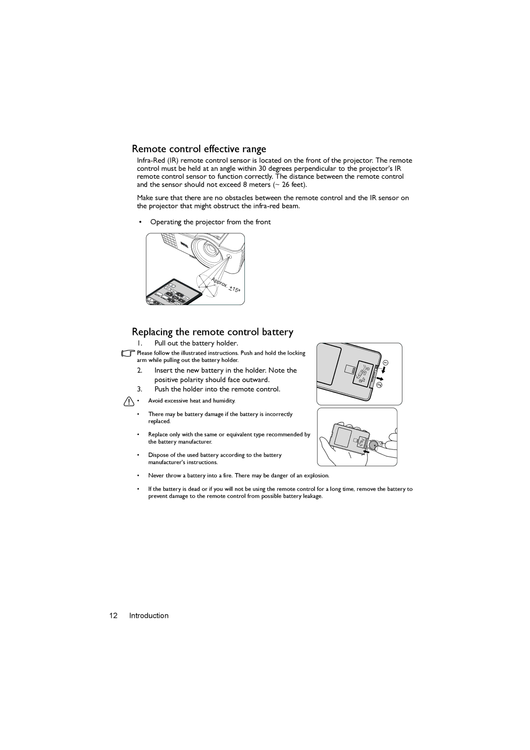 BenQ MS502, MX503 user manual Remote control effective range, Replacing the remote control battery 