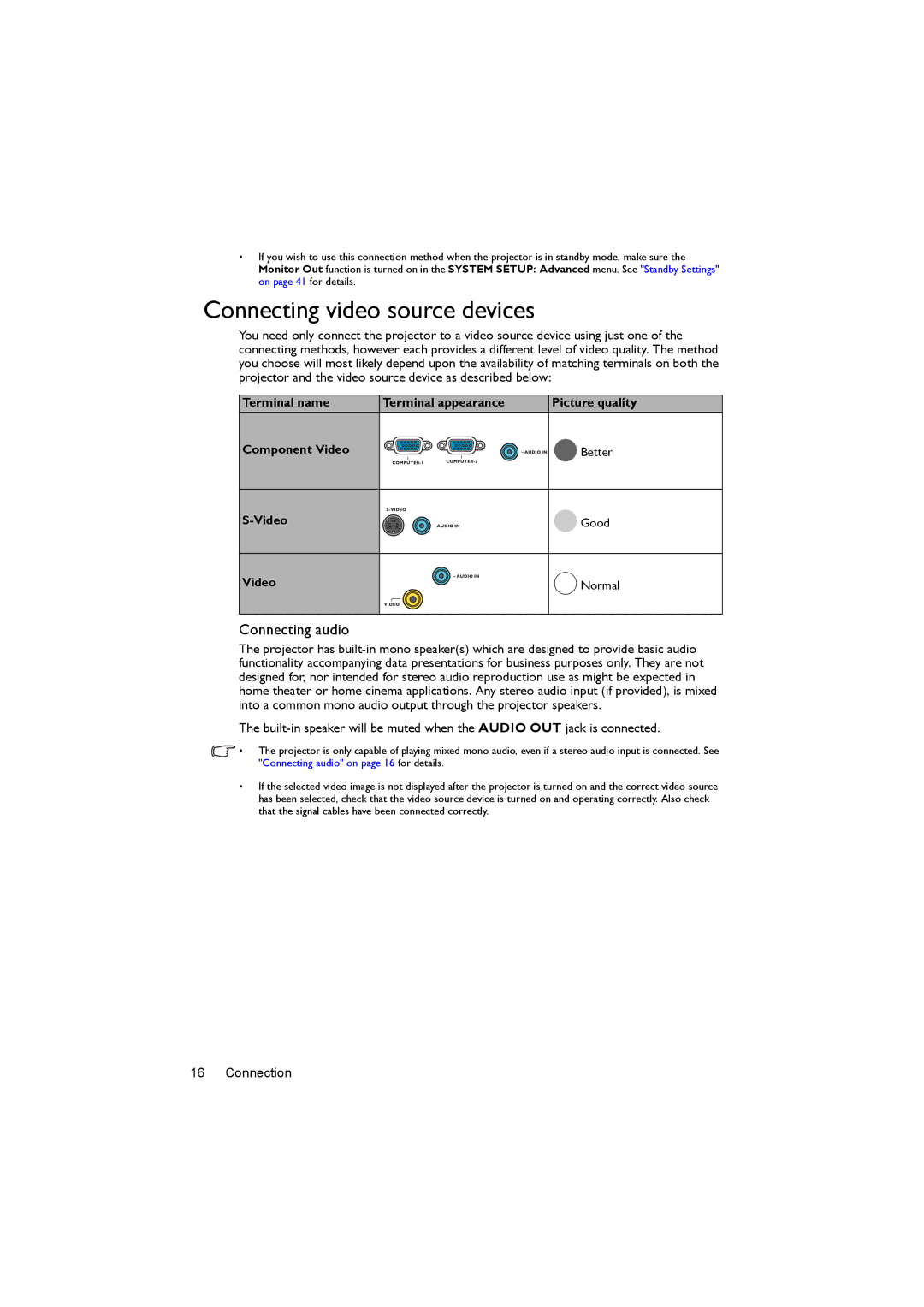 BenQ MS502, MX503 user manual Connecting video source devices, Connecting audio, Terminal name Terminal appearance 