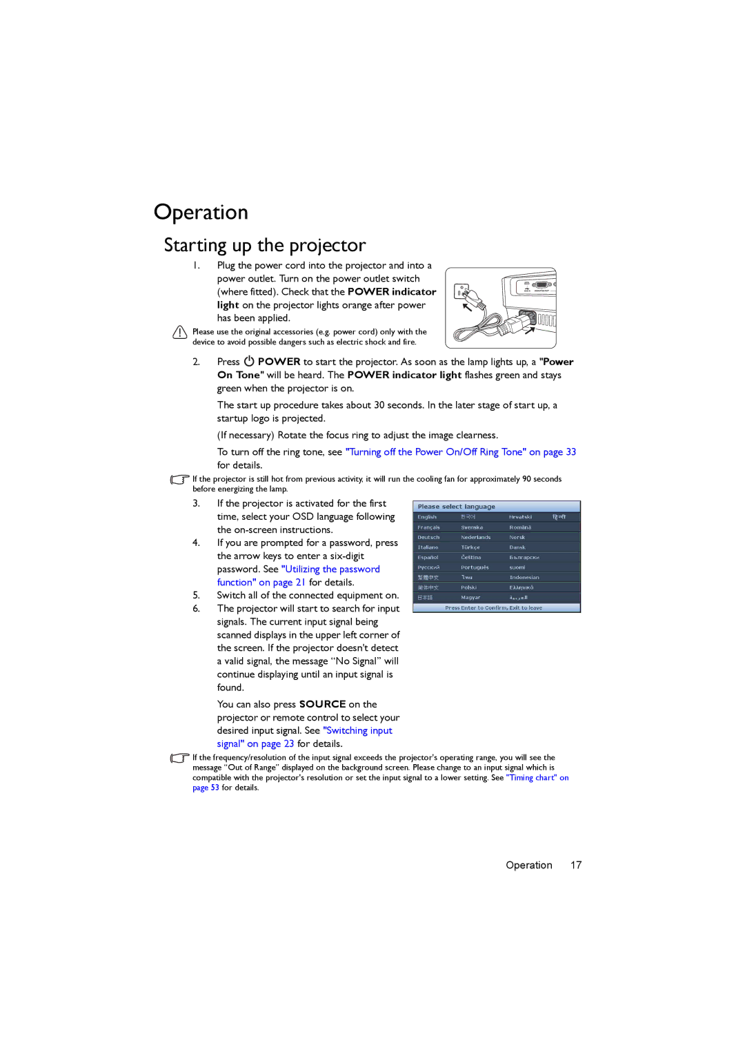 BenQ MX503, MS502 user manual Operation, Starting up the projector 