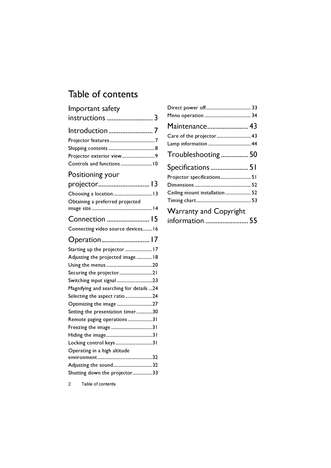 BenQ MS502, MX503 user manual Table of contents 