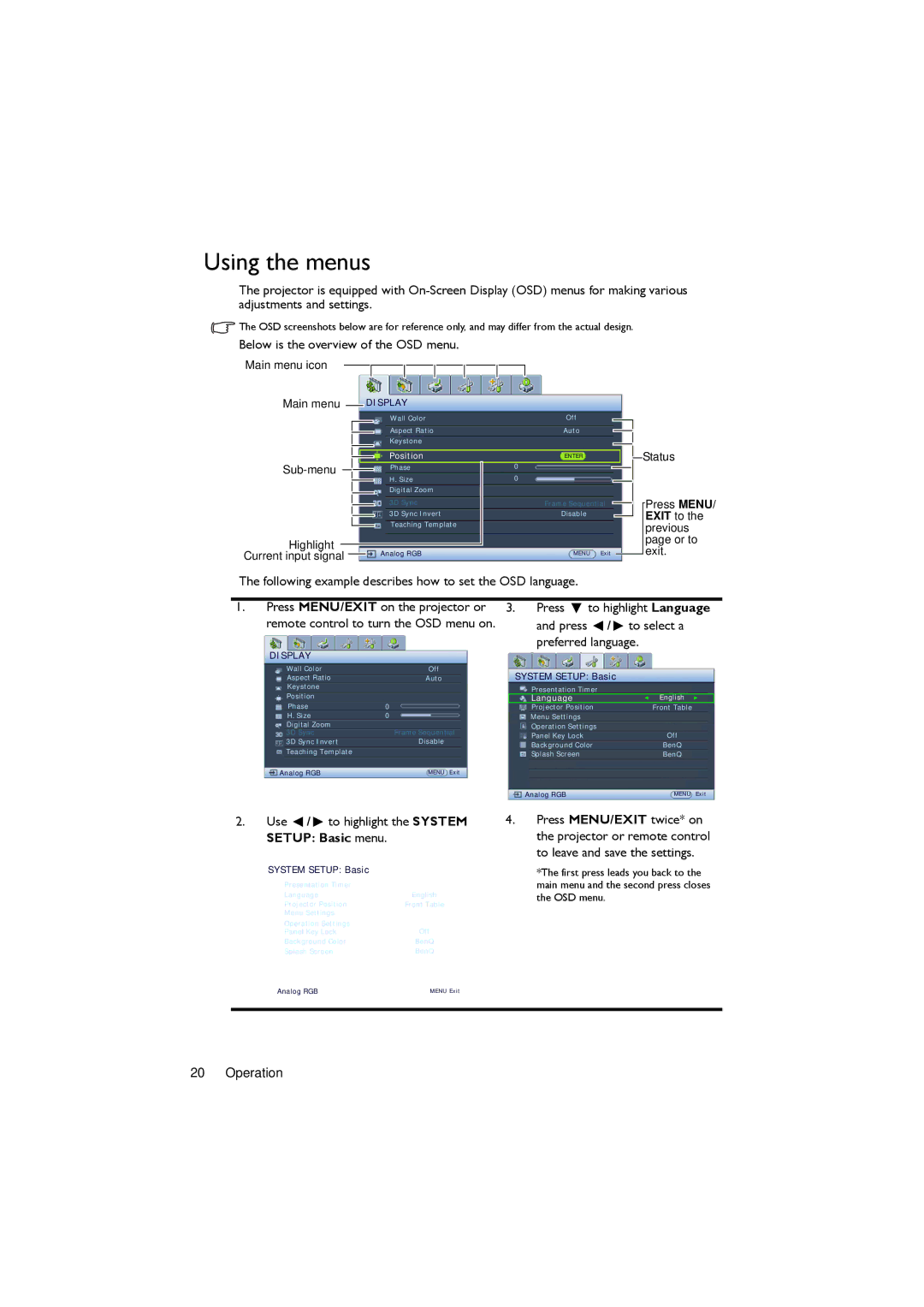 BenQ MS502, MX503 user manual Using the menus, Below is the overview of the OSD menu 