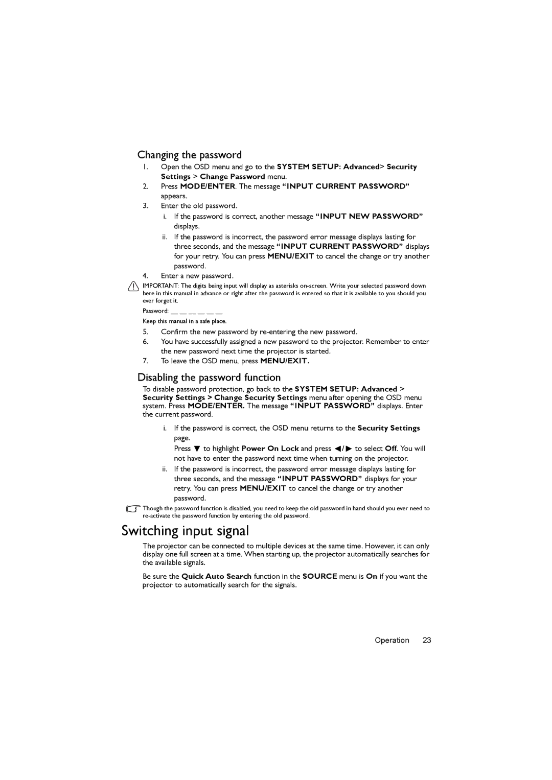 BenQ MX503, MS502 user manual Switching input signal, Changing the password, Disabling the password function 