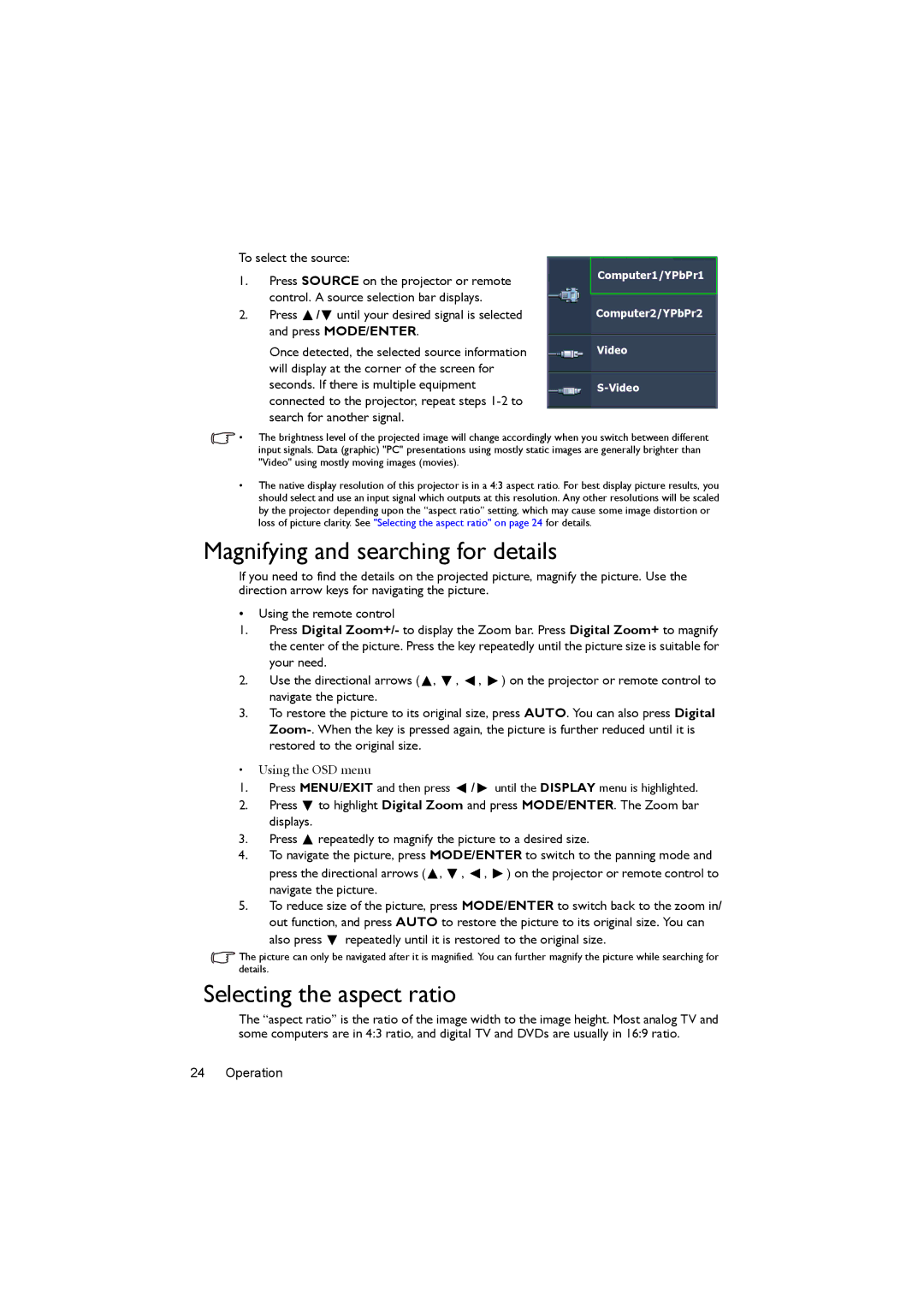 BenQ MS502, MX503 user manual Magnifying and searching for details, Selecting the aspect ratio 