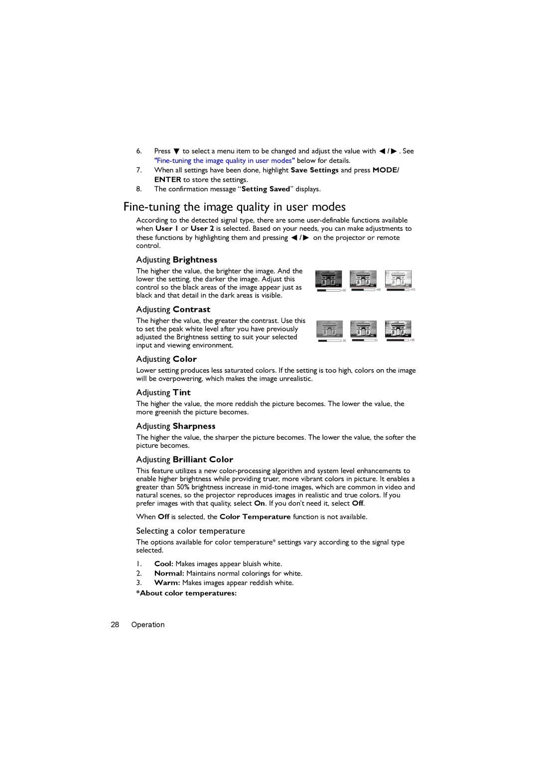 BenQ MS502, MX503 user manual Fine-tuning the image quality in user modes, Adjusting Brilliant Color 