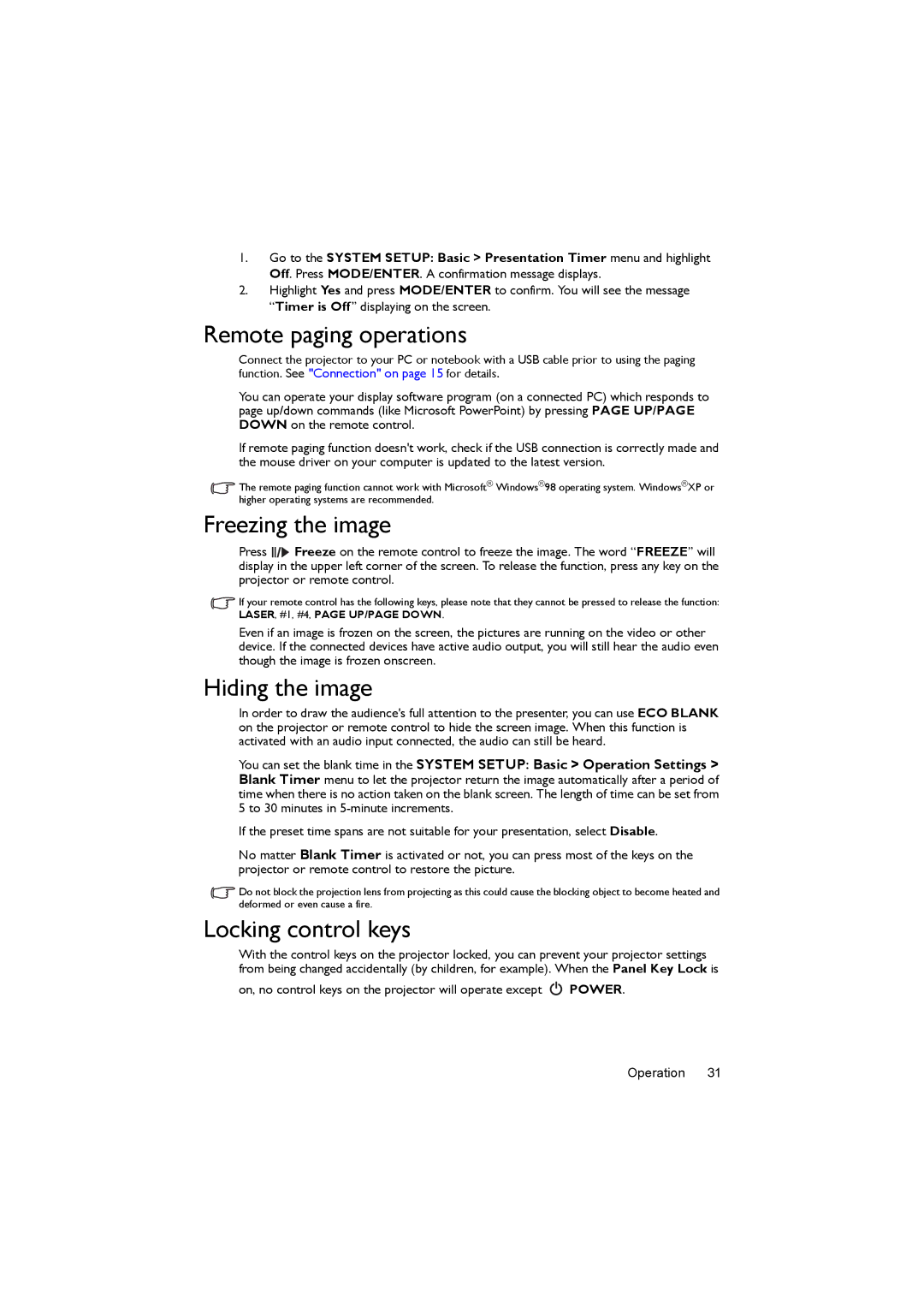 BenQ MX503, MS502 user manual Remote paging operations, Freezing the image, Hiding the image, Locking control keys 