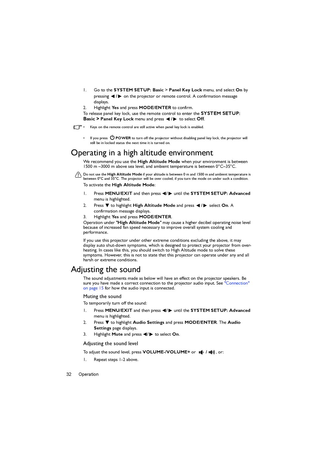 BenQ MS502, MX503 user manual Operating in a high altitude environment, Muting the sound, Adjusting the sound level 