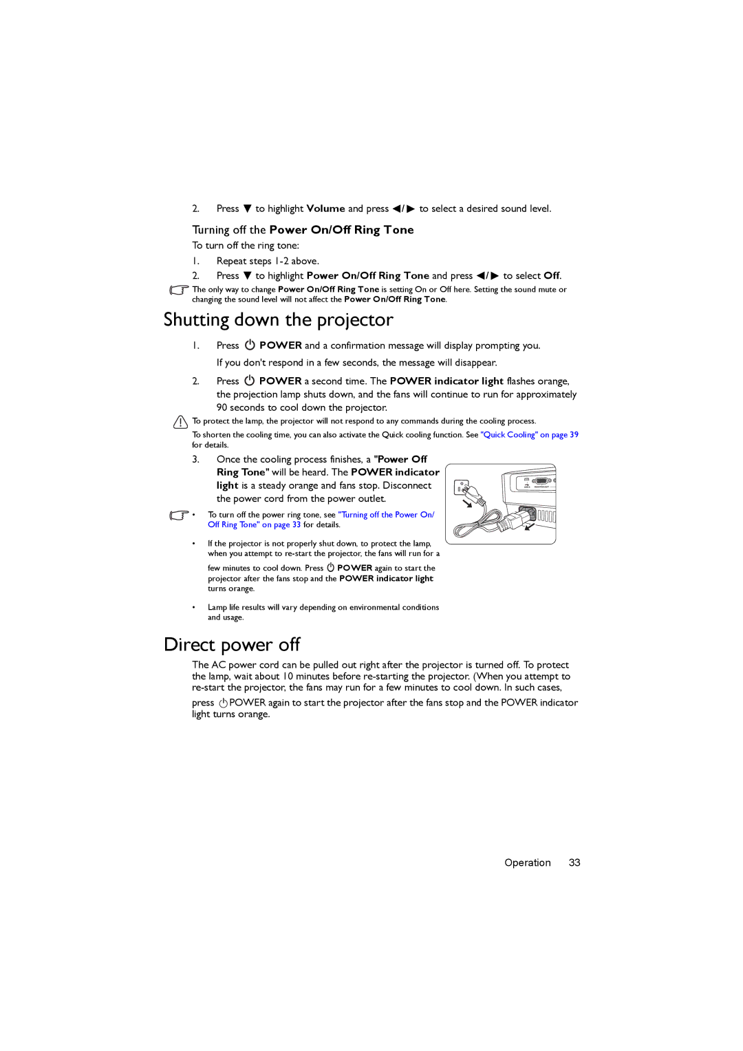 BenQ MX503, MS502 user manual Shutting down the projector, Direct power off, Turning off the Power On/Off Ring Tone 