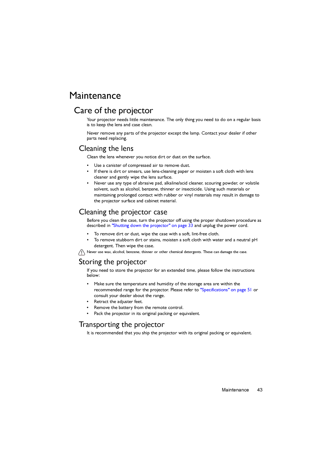 BenQ MX503, MS502 user manual Maintenance, Care of the projector 