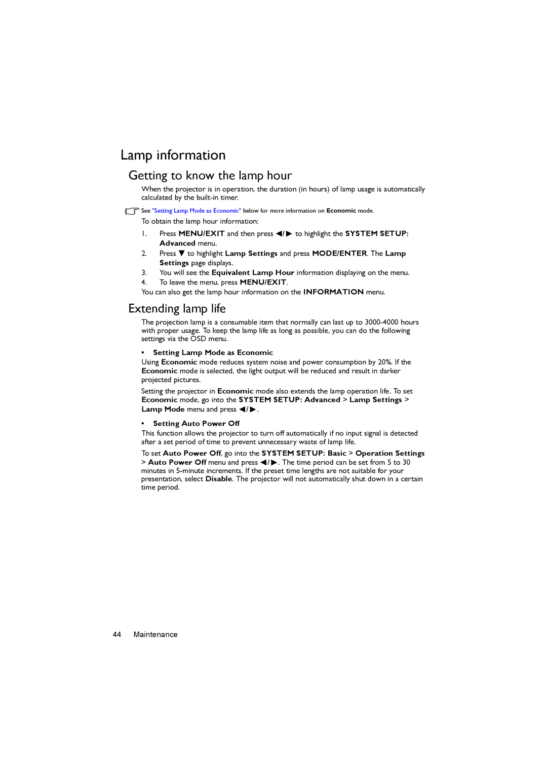 BenQ MS502, MX503 Lamp information, Getting to know the lamp hour, Extending lamp life, Setting Lamp Mode as Economic 