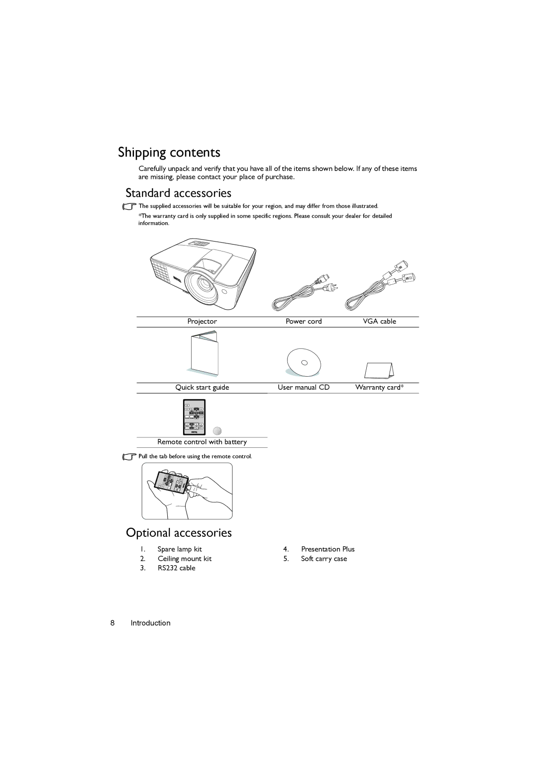 BenQ MS502, MX503 user manual Shipping contents 