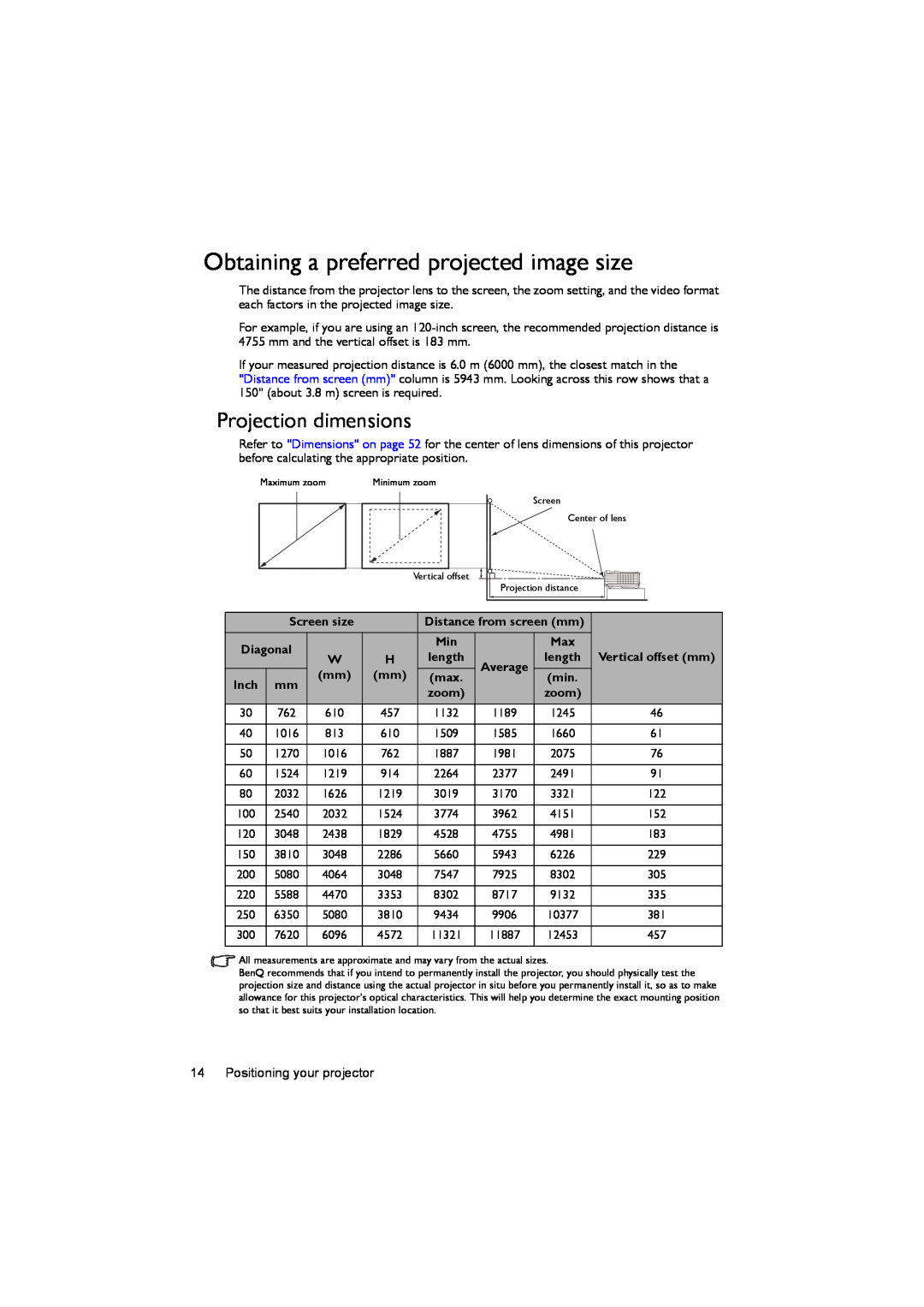 BenQ MS502, MX503 user manual Obtaining a preferred projected image size, Projection dimensions, Screen size, Diagonal 