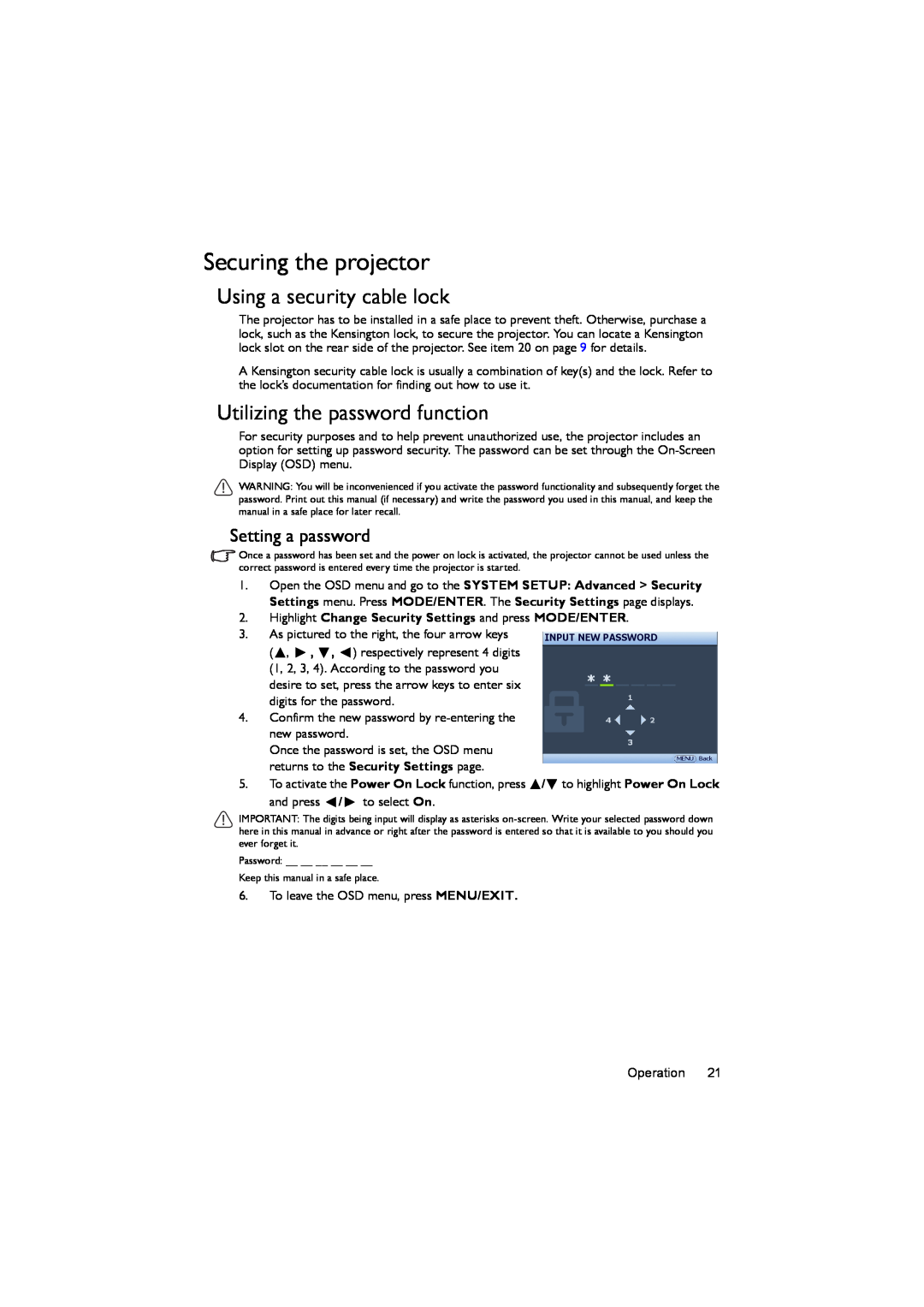 BenQ MX503, MS502 Securing the projector, Using a security cable lock, Utilizing the password function, Setting a password 