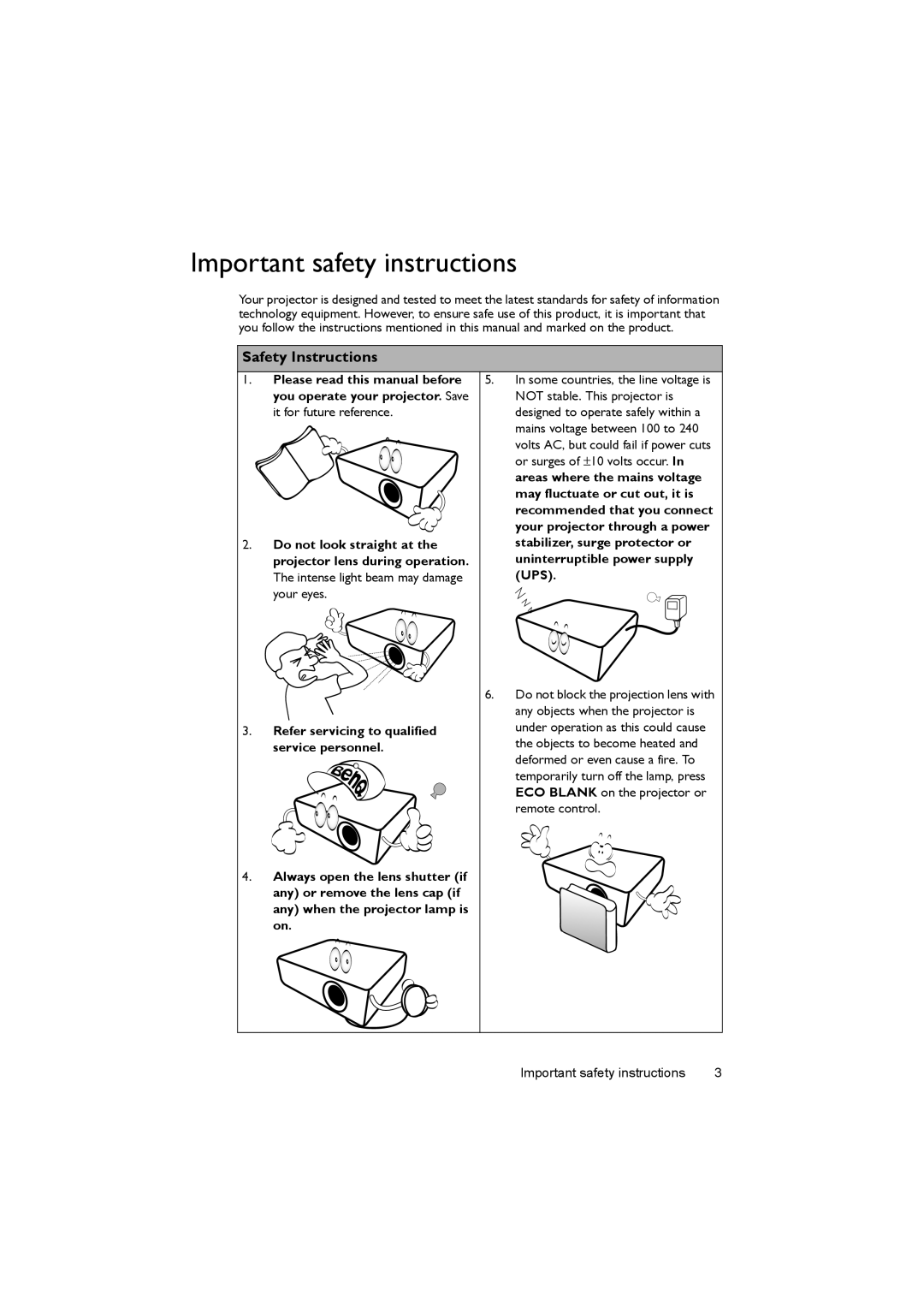 BenQ MX503, MS502 user manual Important safety instructions, Safety Instructions 