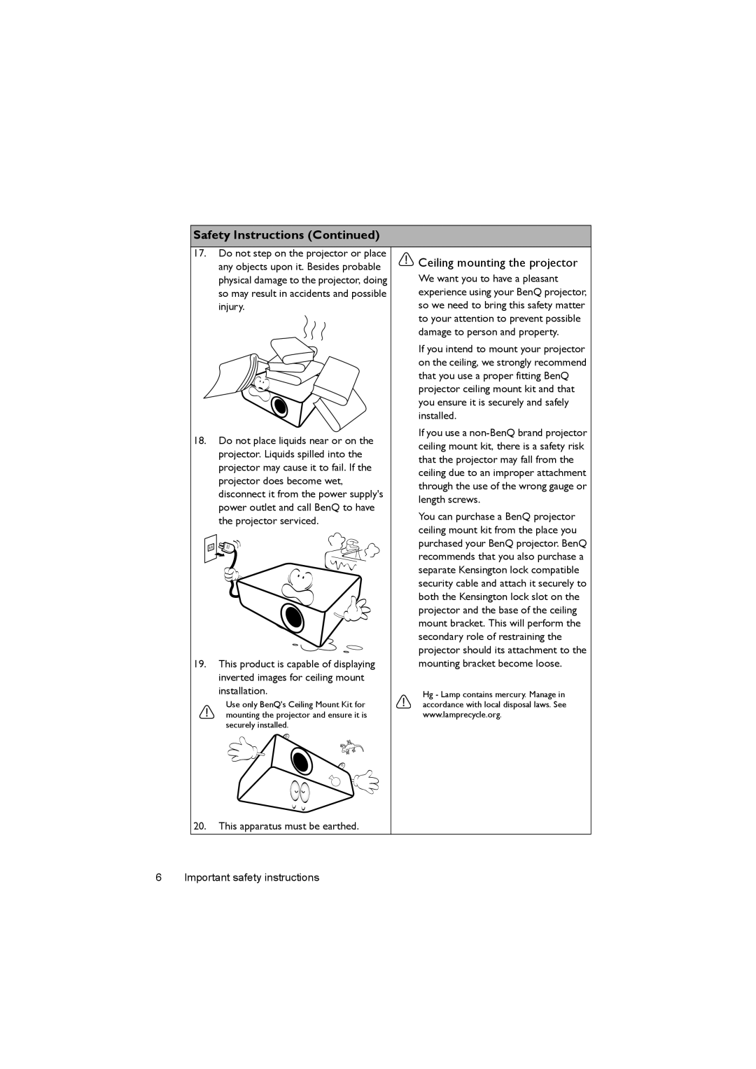 BenQ MS502, MX503 user manual Ceiling mounting the projector 