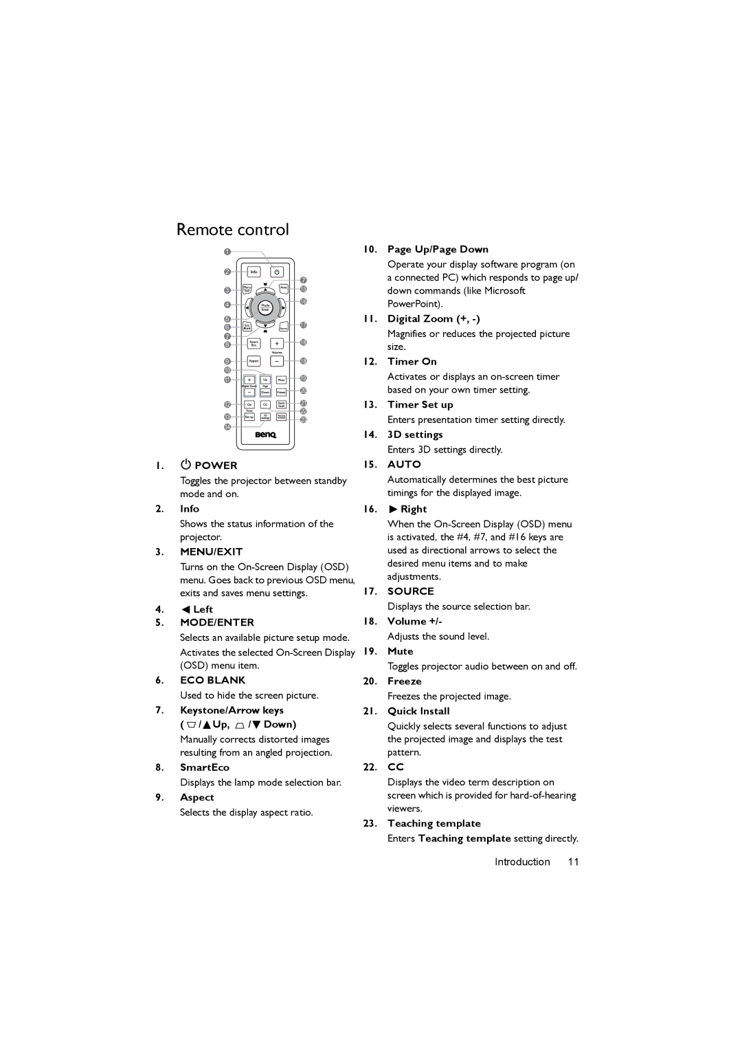 BenQ MX505, MS504 user manual Remote control 