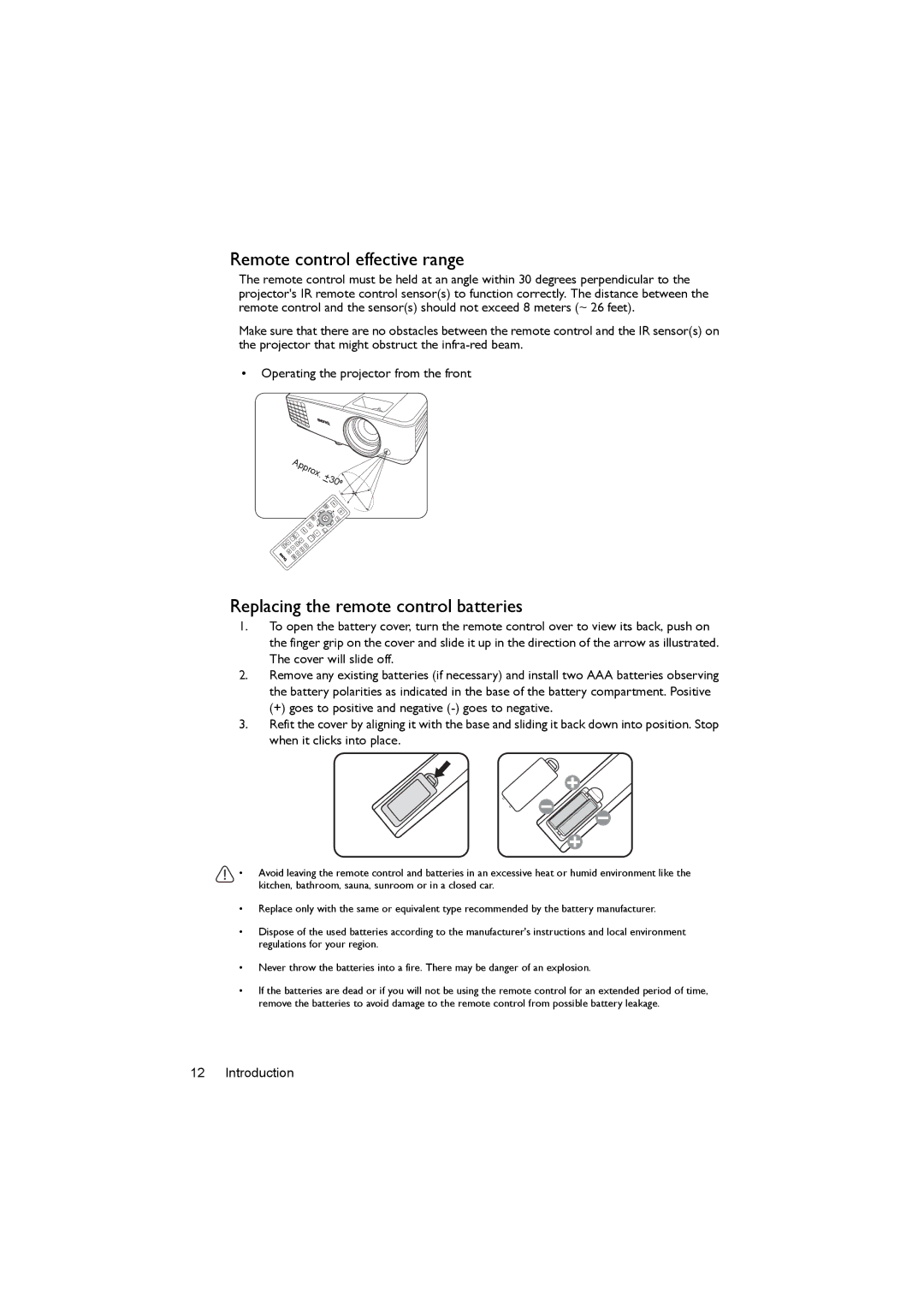 BenQ MS504, MX505 user manual Remote control effective range, Replacing the remote control batteries 