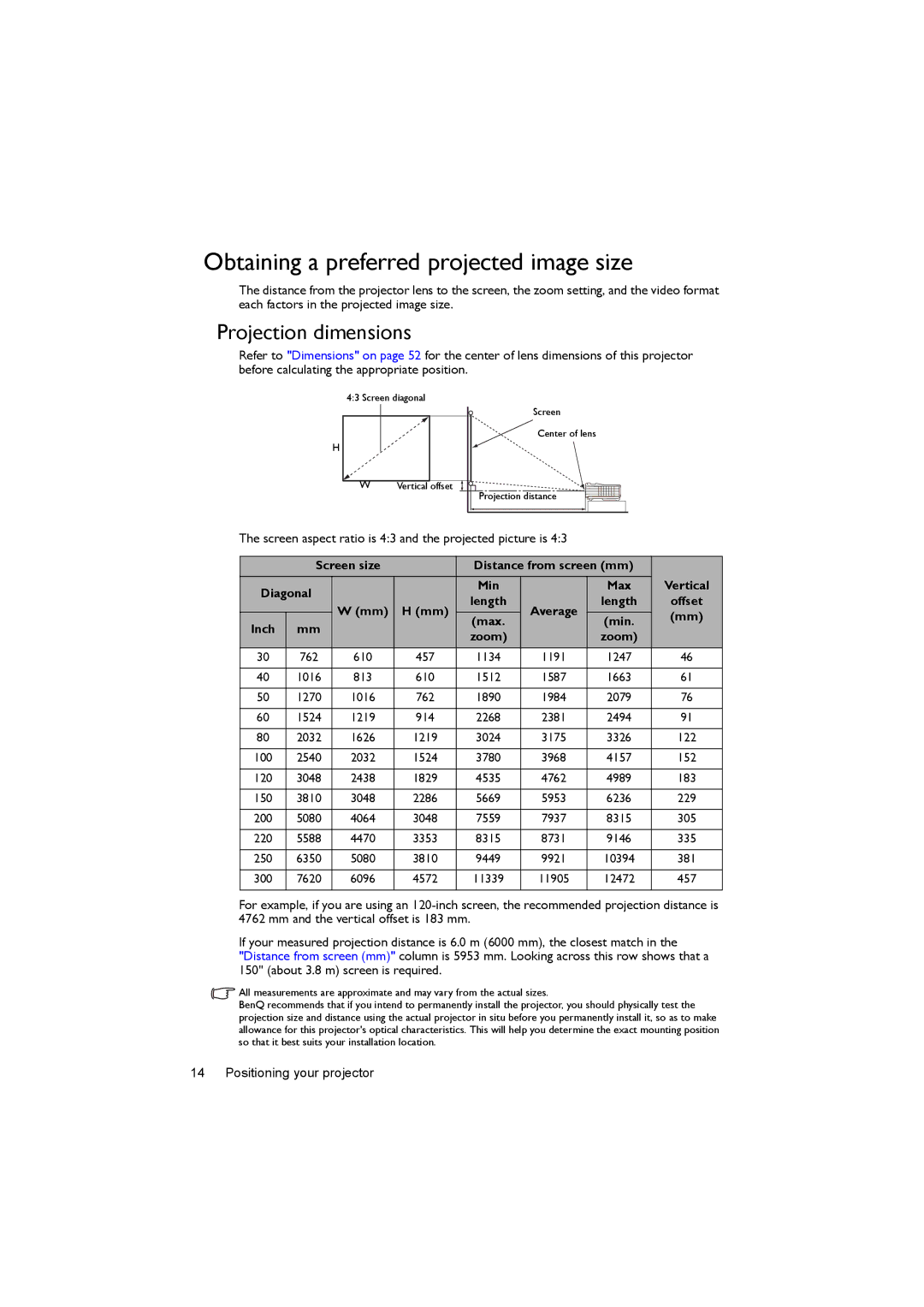 BenQ MS504, MX505 user manual Obtaining a preferred projected image size, Projection dimensions 