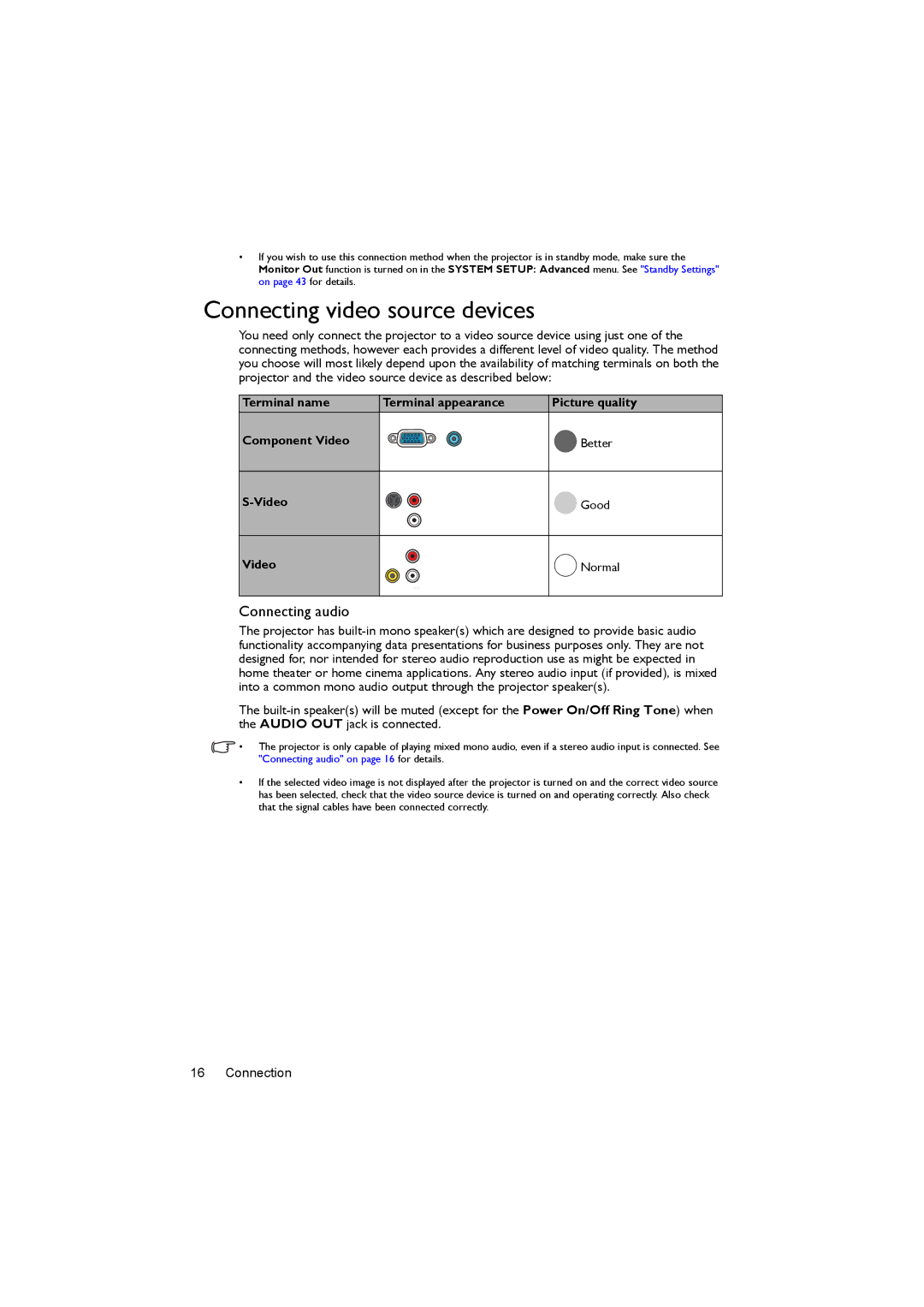 BenQ MS504, MX505 user manual Connecting video source devices, Connecting audio, Terminal name Terminal appearance 