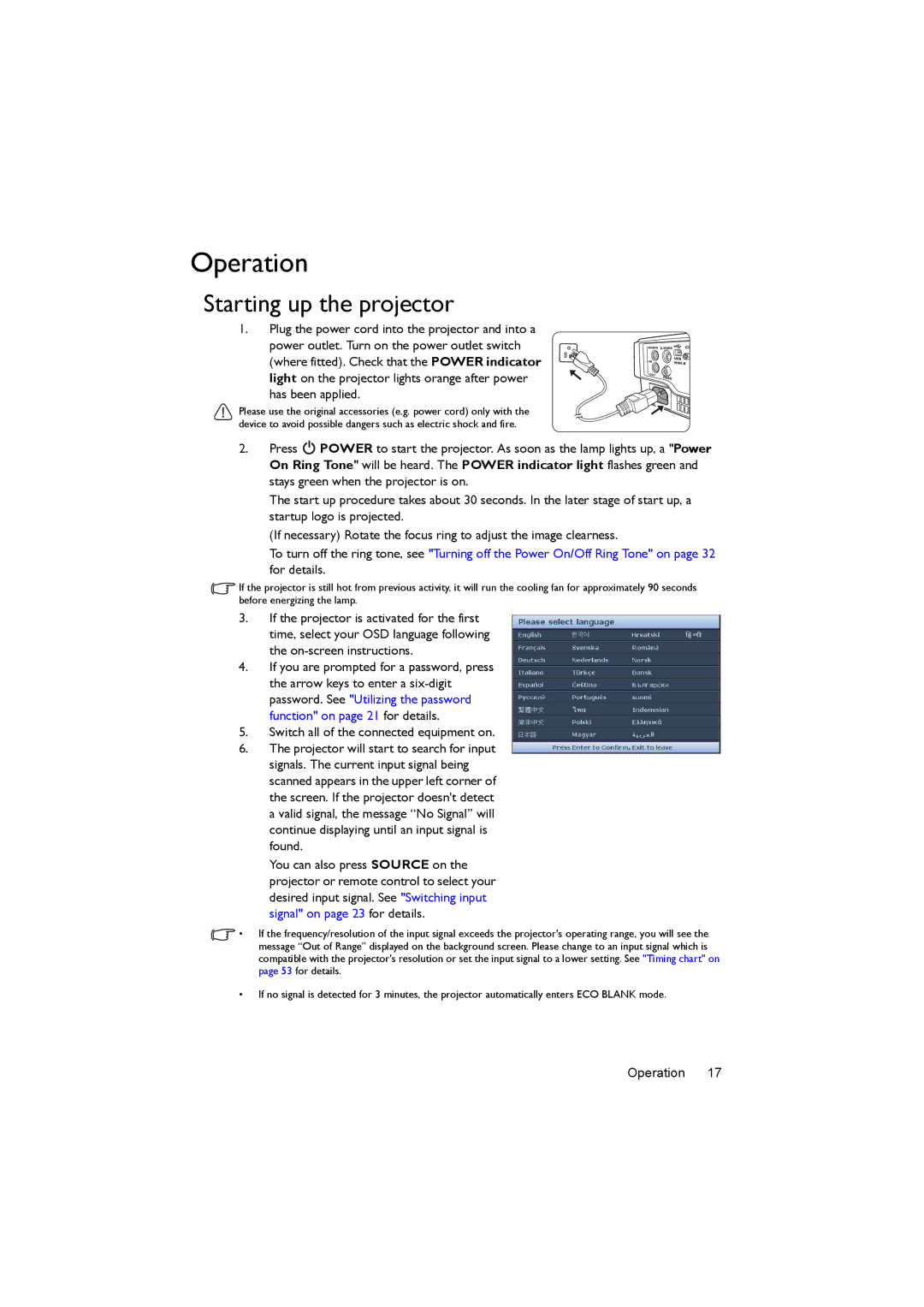 BenQ MX505, MS504 user manual Operation, Starting up the projector 