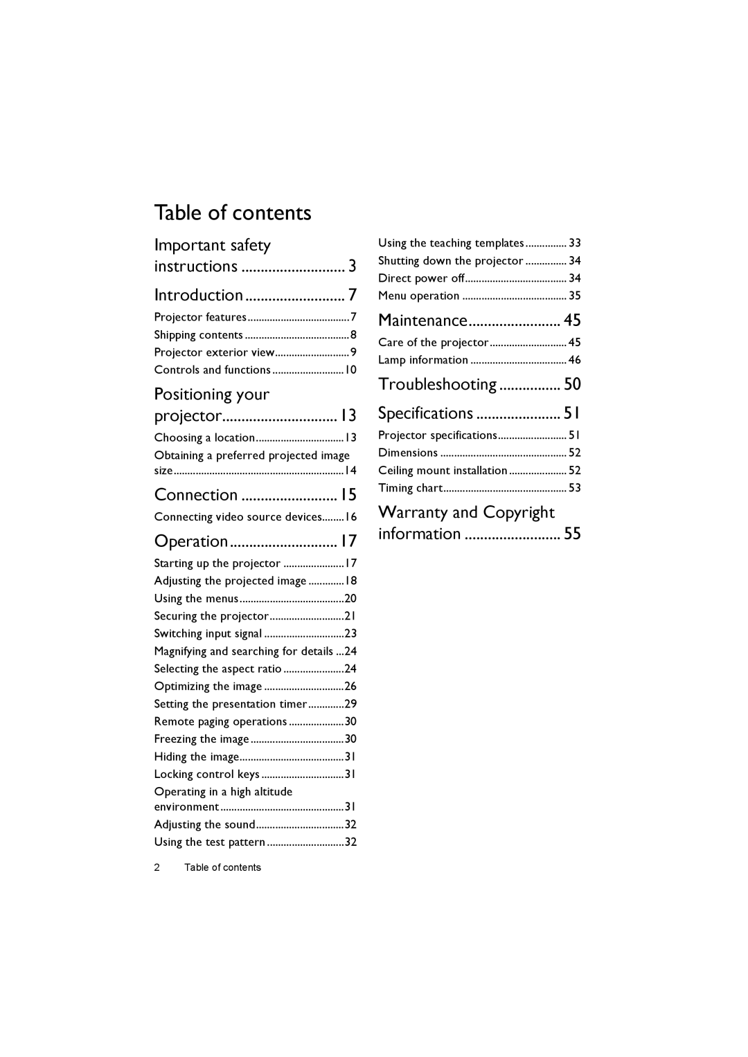 BenQ MS504, MX505 user manual Table of contents 