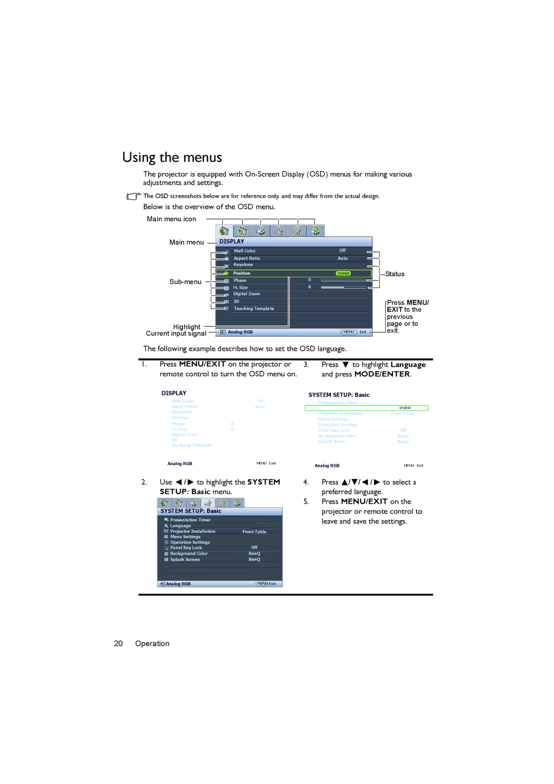 BenQ MS504, MX505 user manual Using the menus, Below is the overview of the OSD menu 