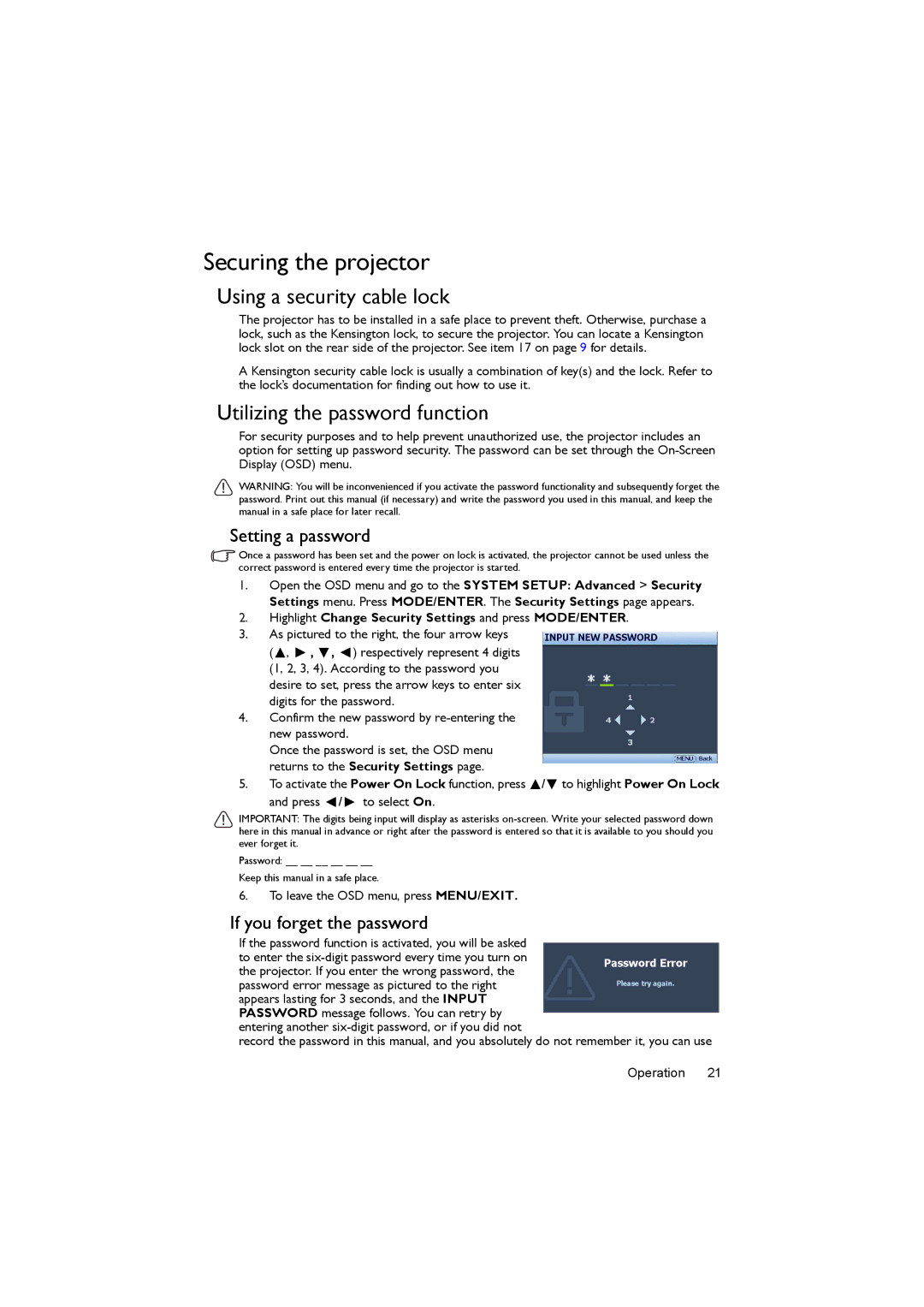 BenQ MX505, MS504 Securing the projector, Using a security cable lock, Utilizing the password function, Setting a password 