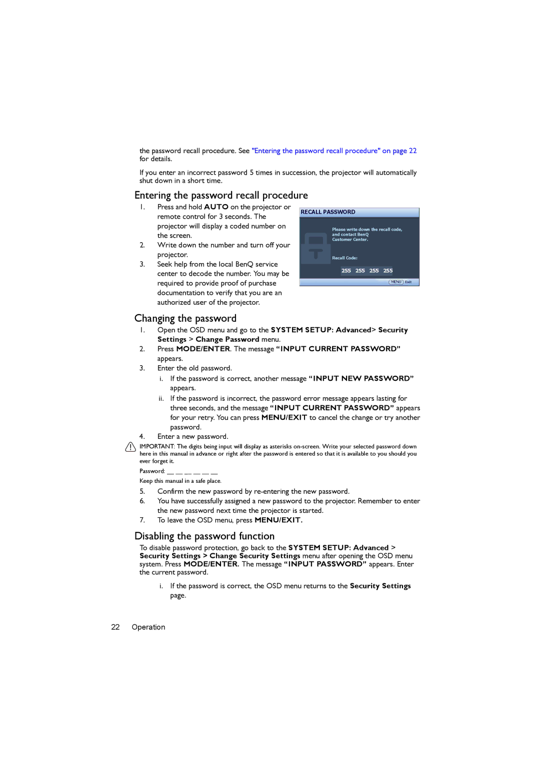 BenQ MS504, MX505 user manual Entering the password recall procedure, Changing the password, Disabling the password function 