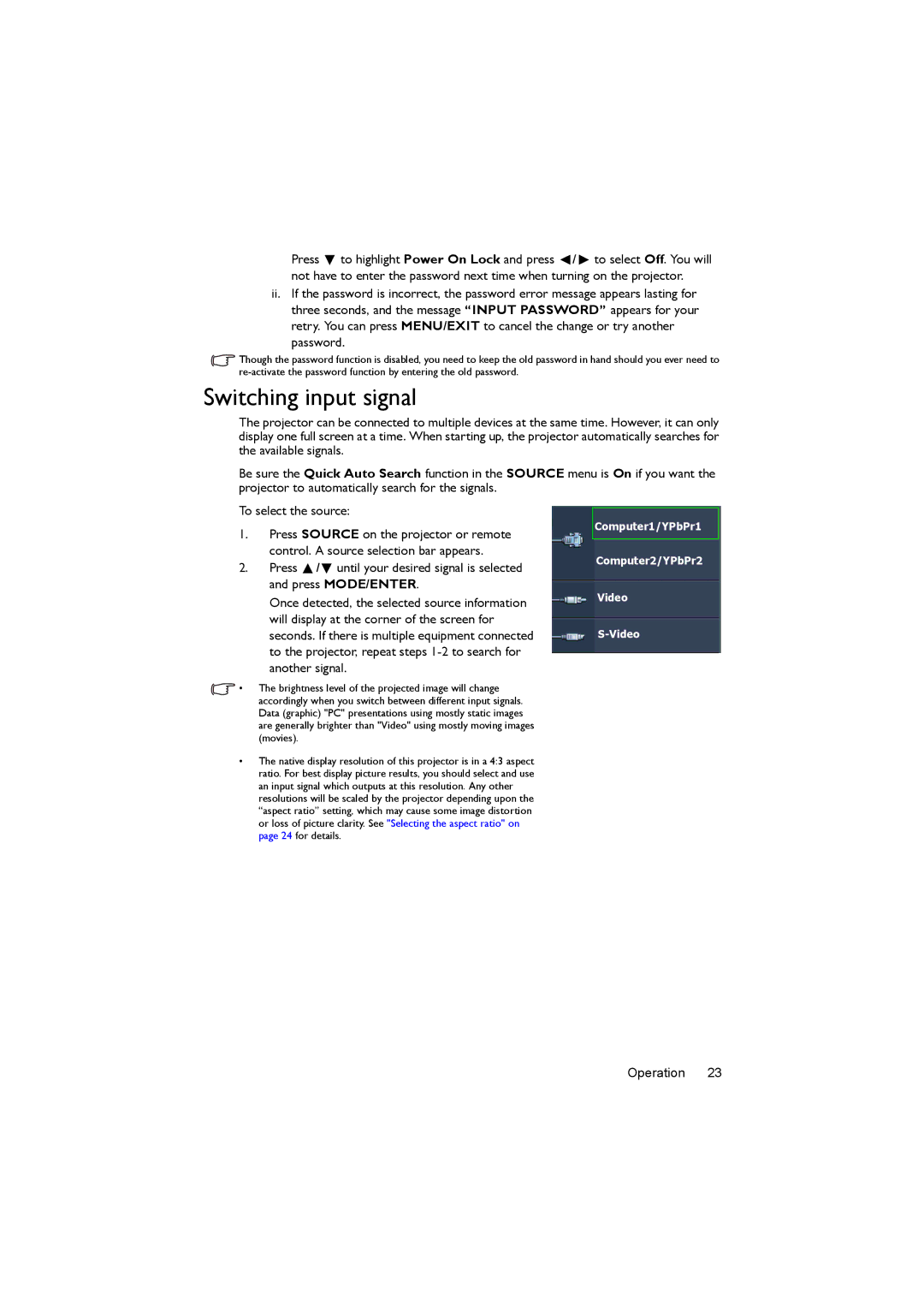 BenQ MX505, MS504 user manual Switching input signal 