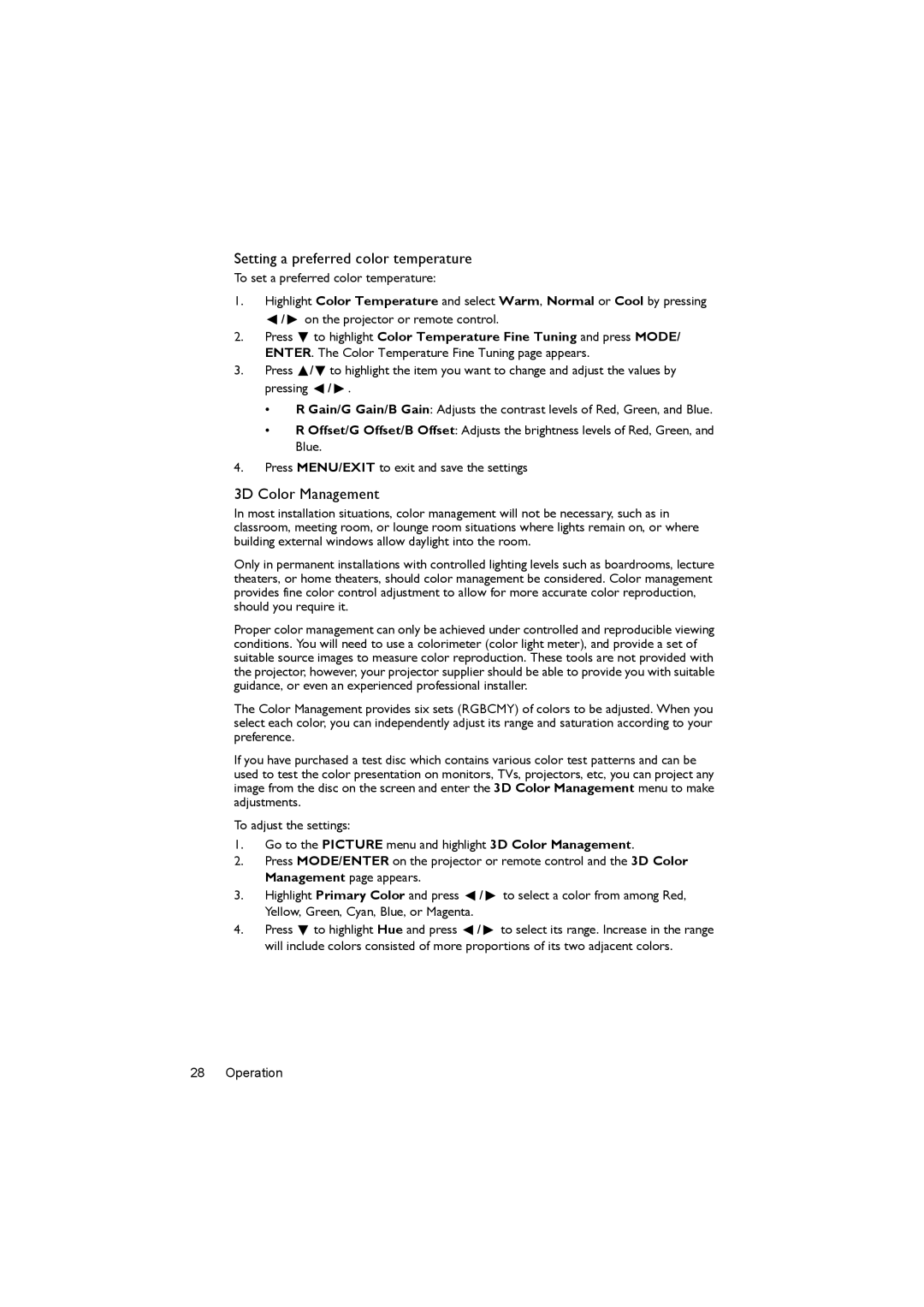 BenQ MS504, MX505 user manual Setting a preferred color temperature, 3D Color Management 