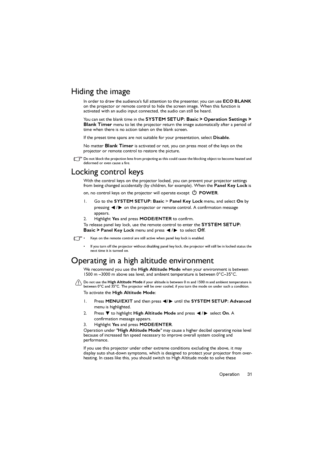 BenQ MX505, MS504 user manual Hiding the image, Locking control keys, Operating in a high altitude environment 