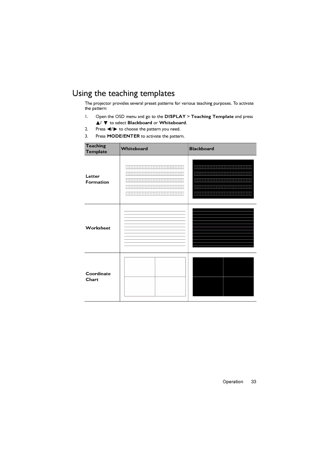 BenQ MX505, MS504 user manual Using the teaching templates, To select Blackboard or Whiteboard 