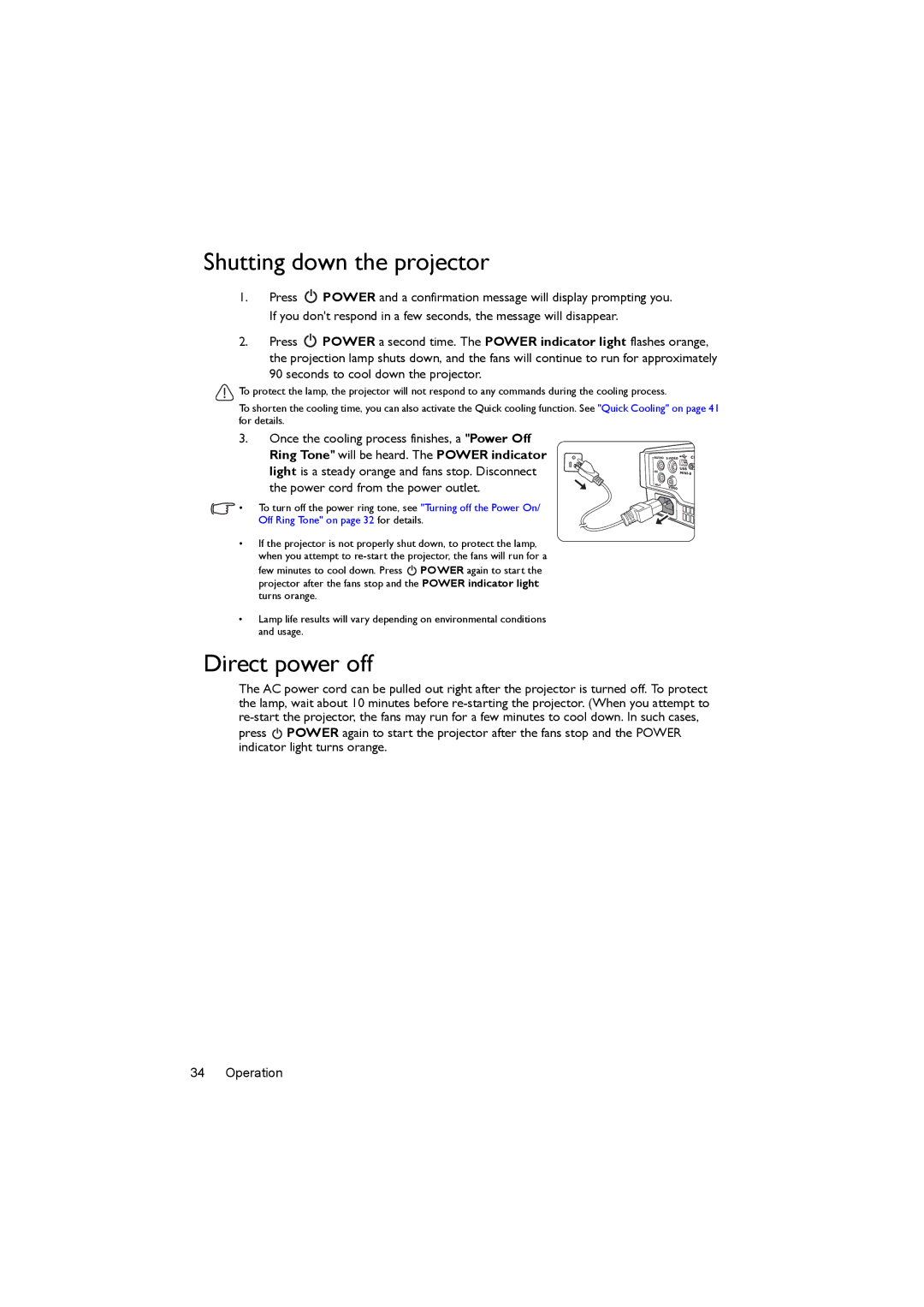 BenQ MS504, MX505 user manual Shutting down the projector, Direct power off 