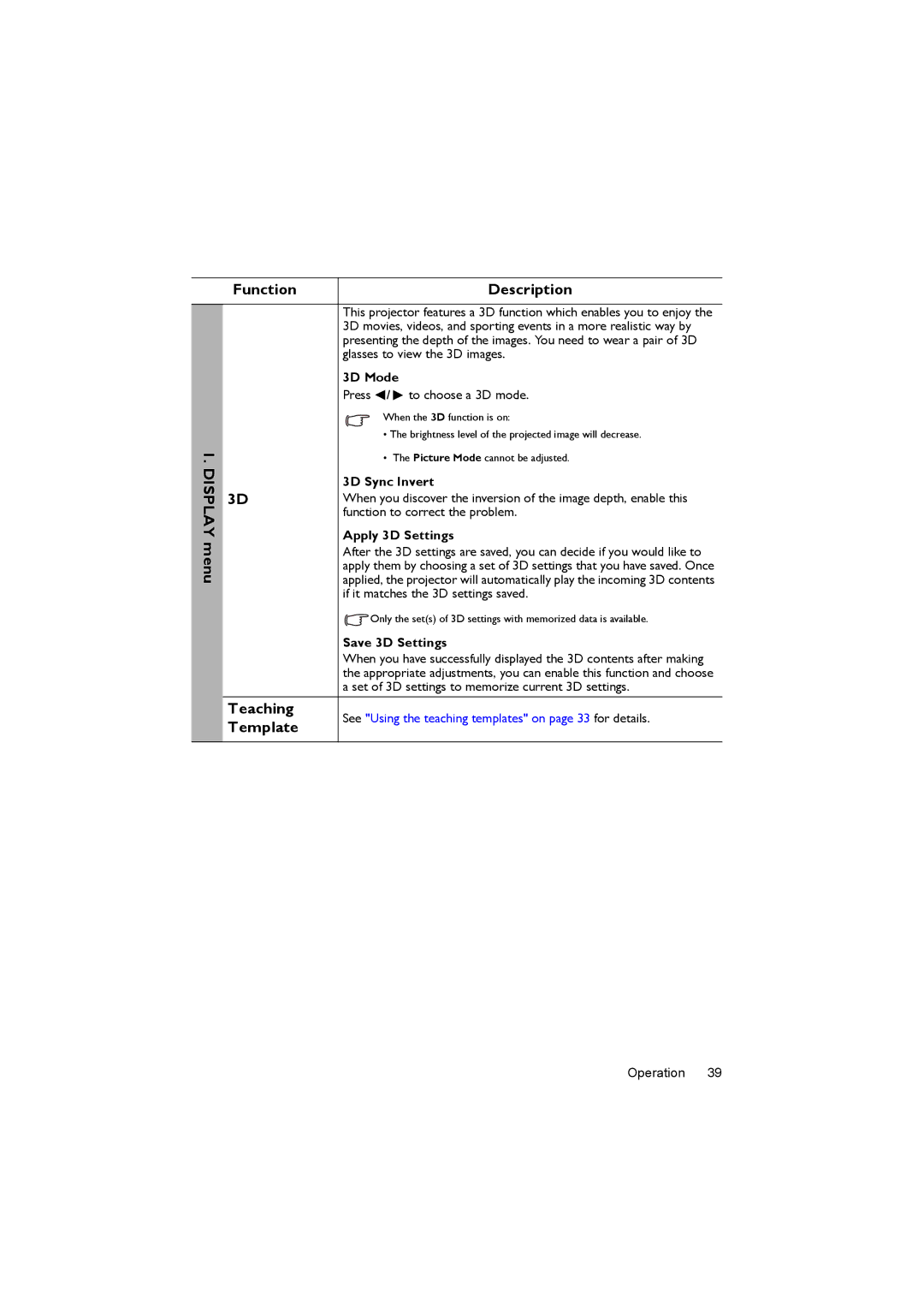 BenQ MX505, MS504 user manual Teaching Template Description, 3D Sync Invert, Apply 3D Settings, Save 3D Settings 