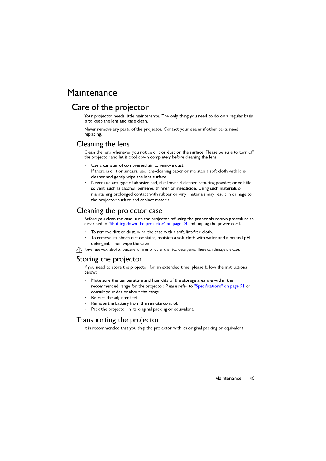 BenQ MX505, MS504 user manual Maintenance, Care of the projector 