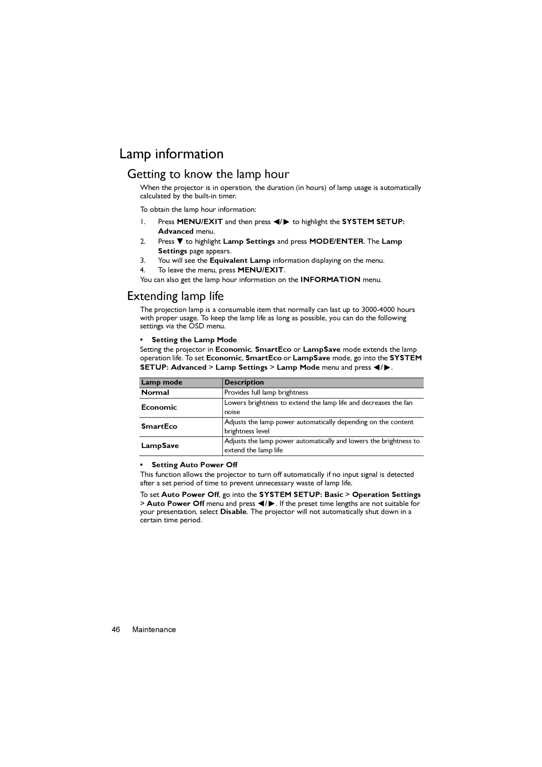 BenQ MS504, MX505 user manual Lamp information, Getting to know the lamp hour, Extending lamp life 