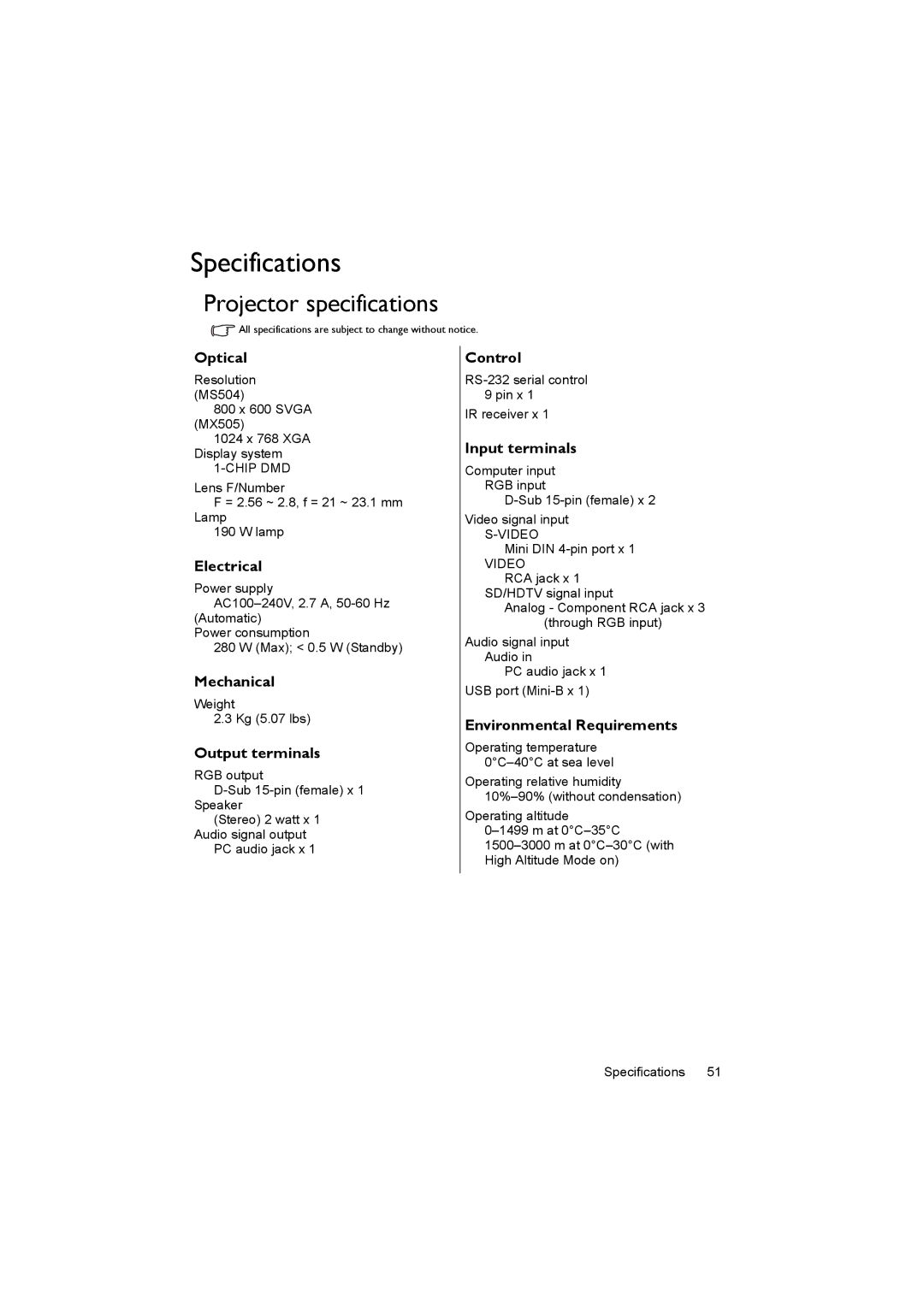 BenQ MX505, MS504 user manual Specifications, Projector specifications 