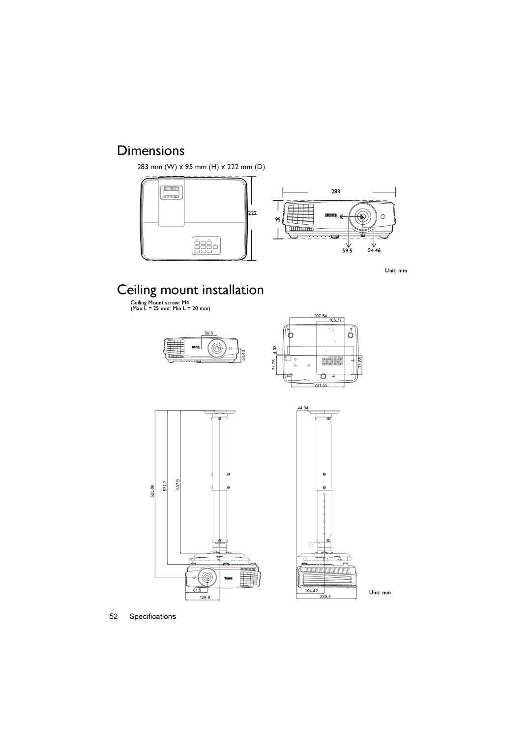 BenQ MS504, MX505 user manual Dimensions, Ceiling mount installation 