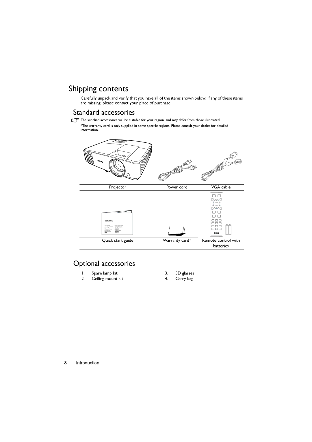 BenQ MS504, MX505 user manual Shipping contents 