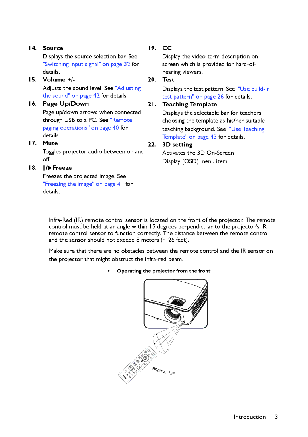 BenQ MS517 user manual Source, Volume +, Mute, Freeze, 19. CC, Test, Teaching Template, Setting 