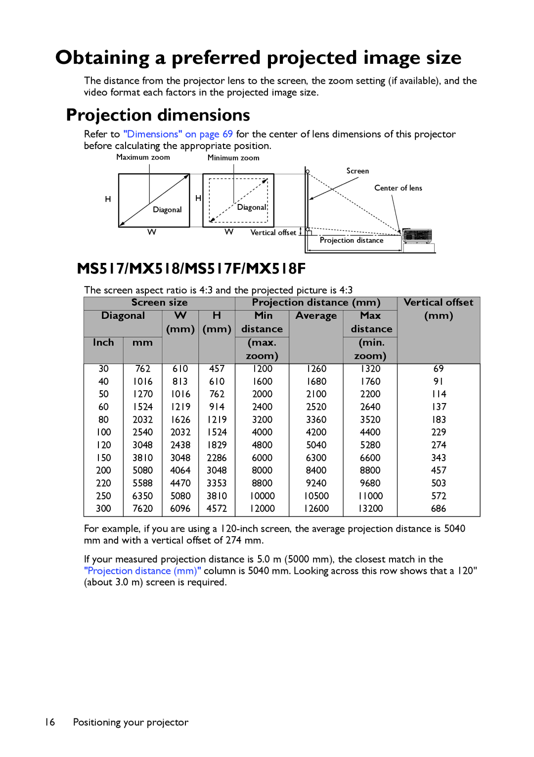 BenQ user manual Obtaining a preferred projected image size, Projection dimensions, MS517/MX518/MS517F/MX518F 