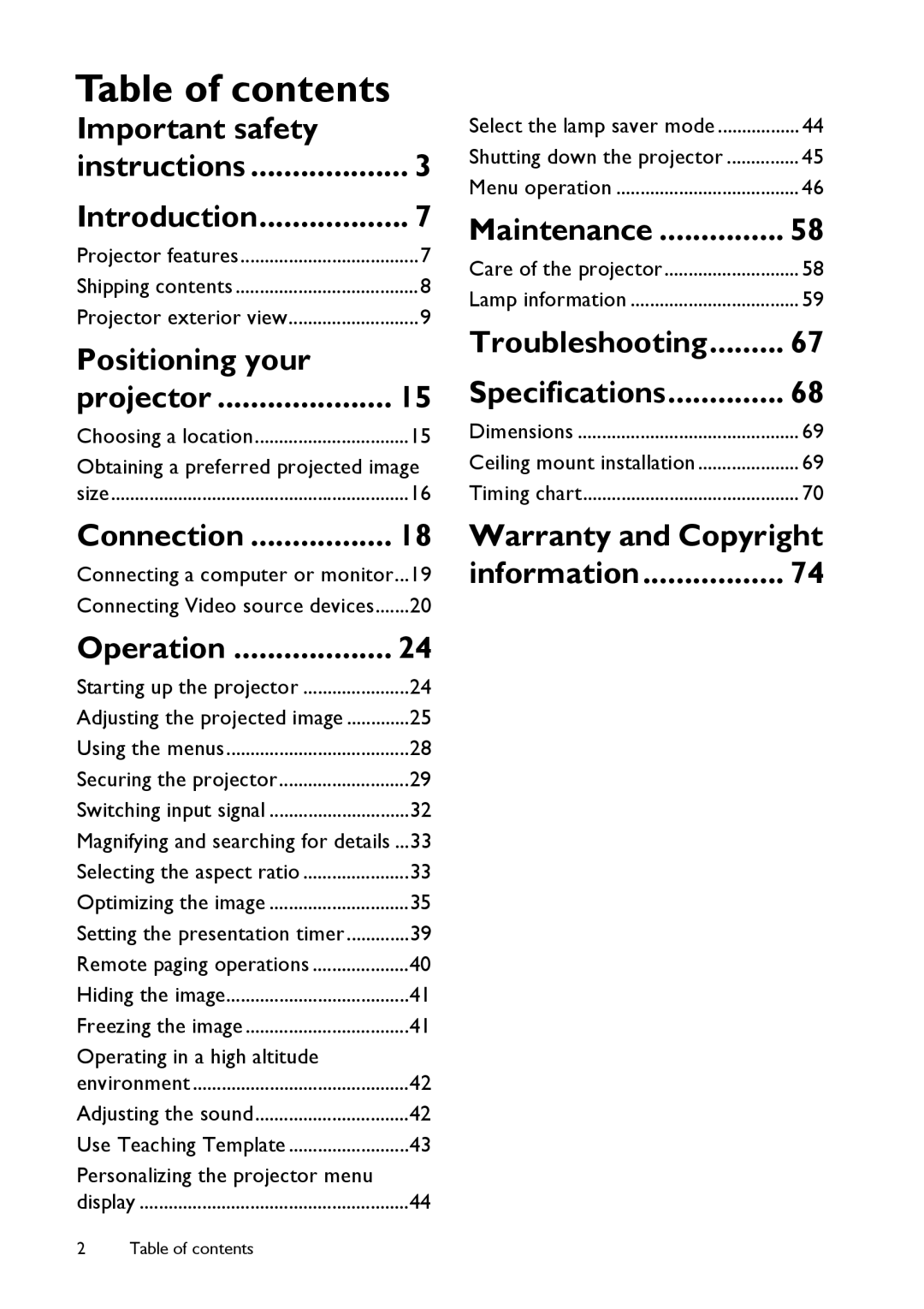 BenQ MS517 user manual Table of contents 