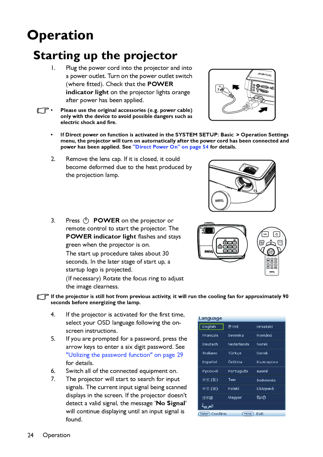 BenQ MS517 user manual Operation, Starting up the projector 