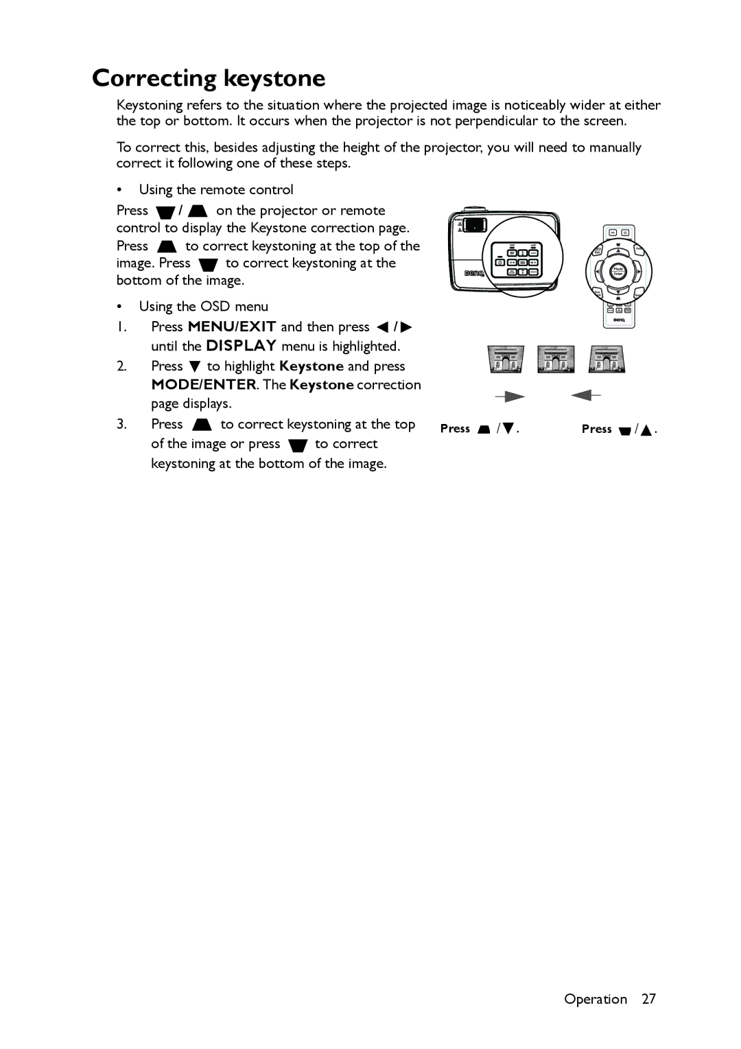 BenQ MS517 user manual Correcting keystone 